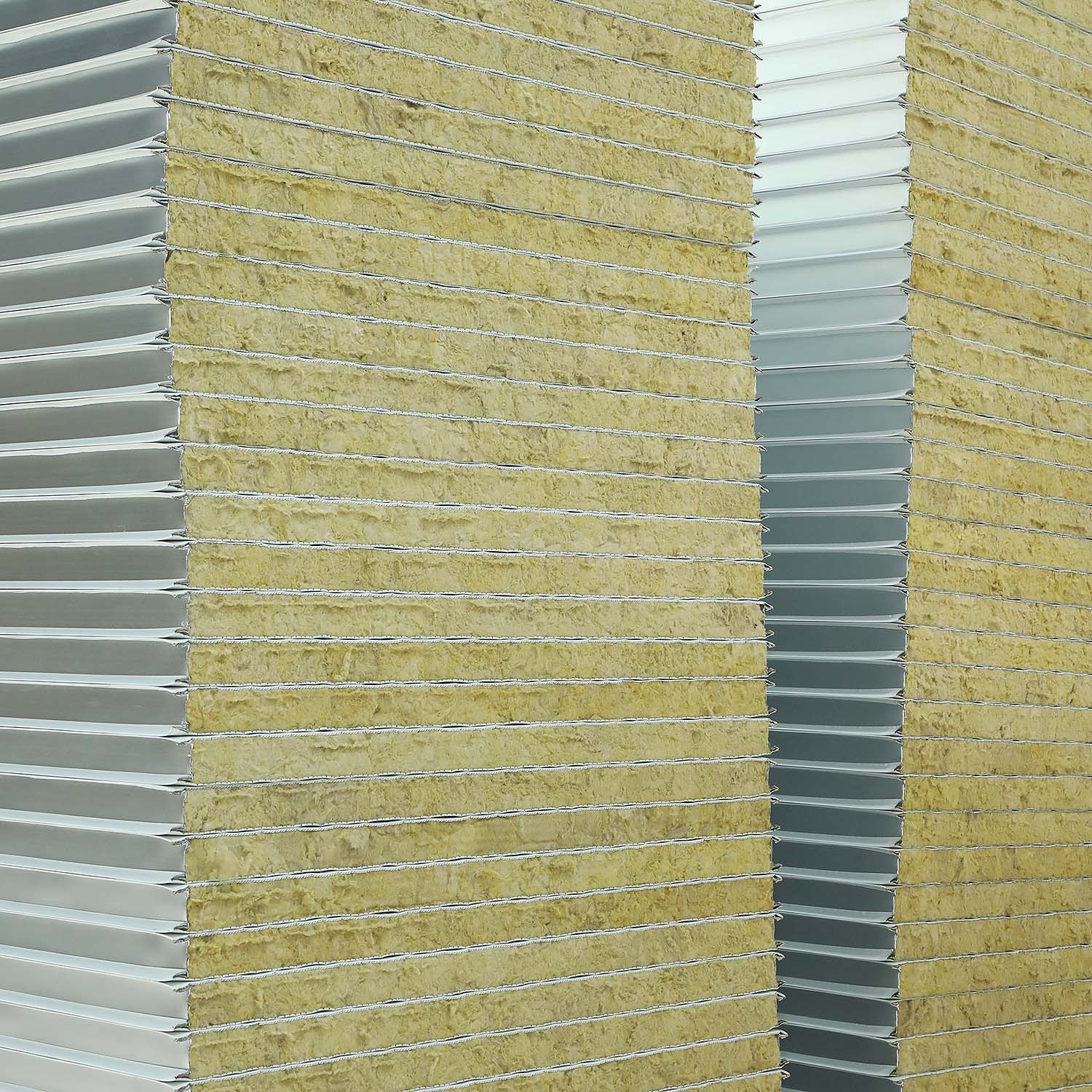 Finished sandwich panels stored before packaging and delivery