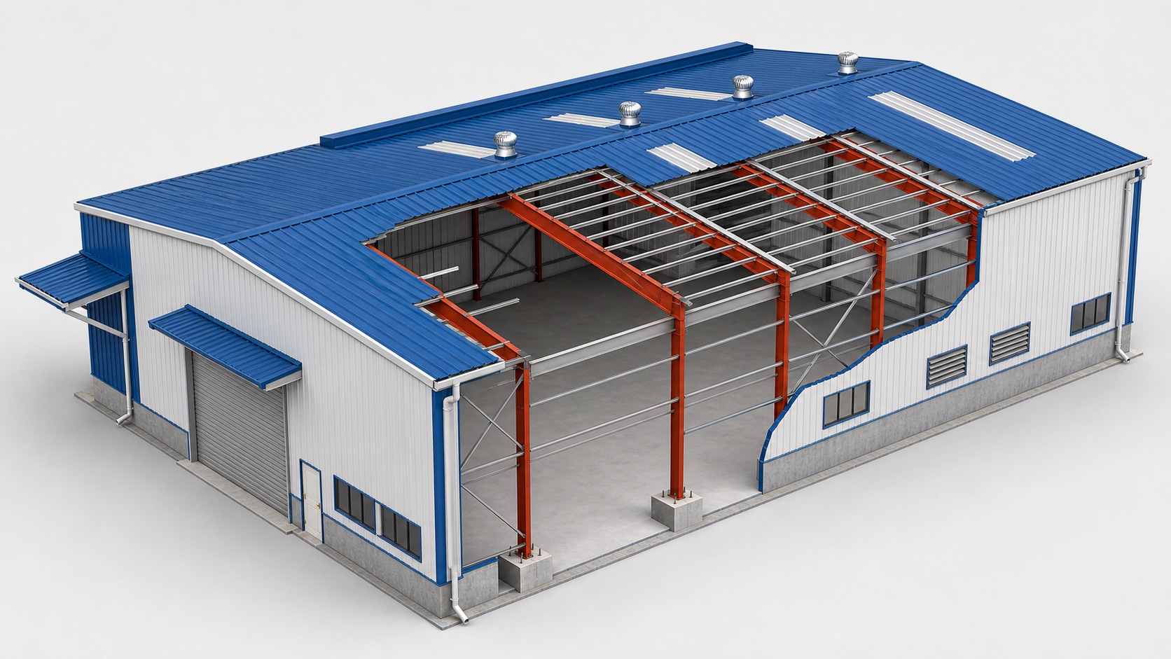 3D cutaway steel structure building showing the primary steel frame and related building parts