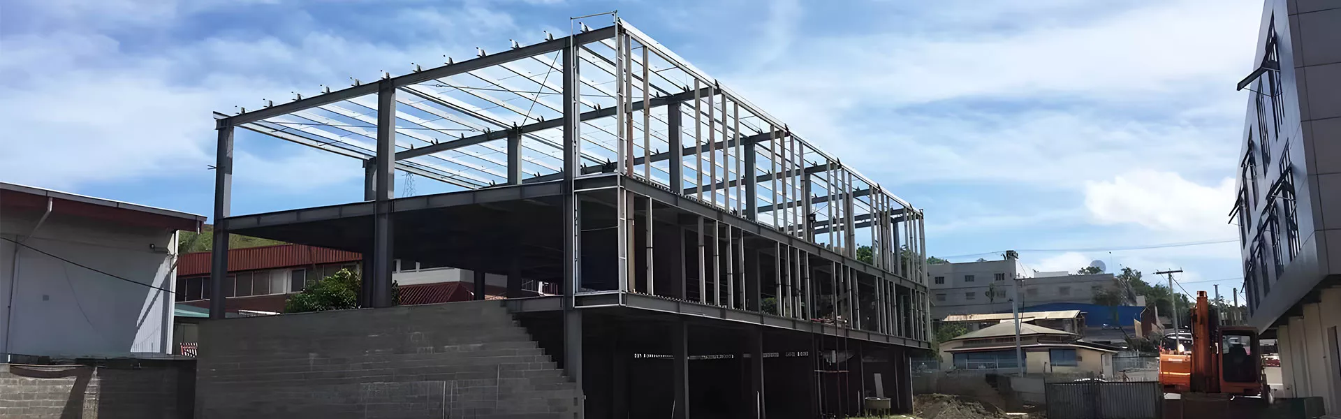 Steel building frame under construction
