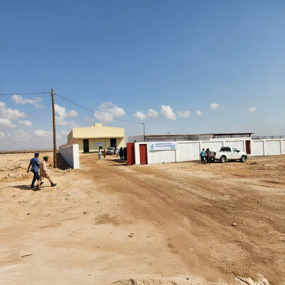 Completed site view of the Djibouti steel structure building inside a fenced compound