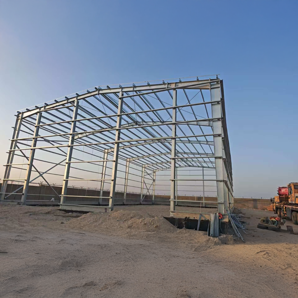Steel frame erection stage at the Djibouti steel structure building project site