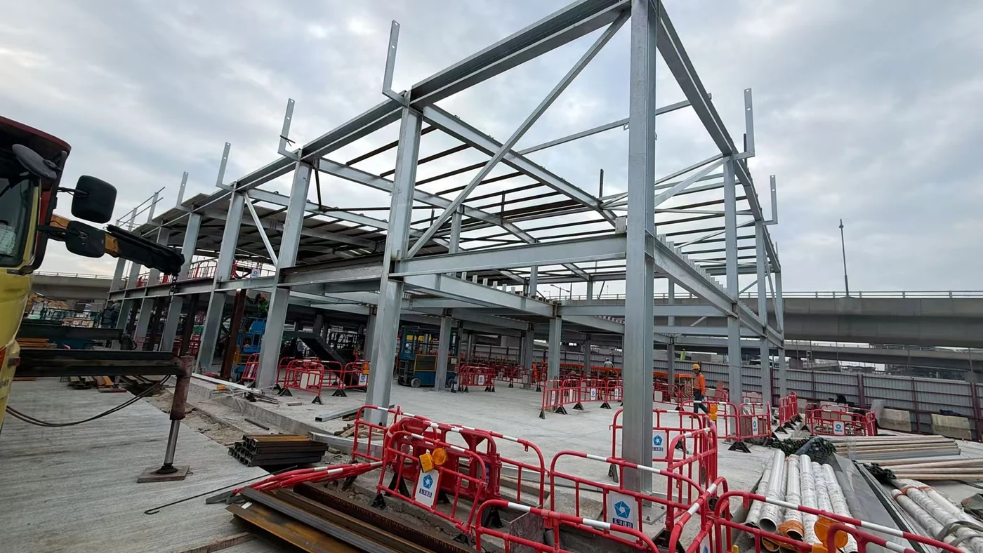 Steel columns beams and bracing during airport office building frame erection