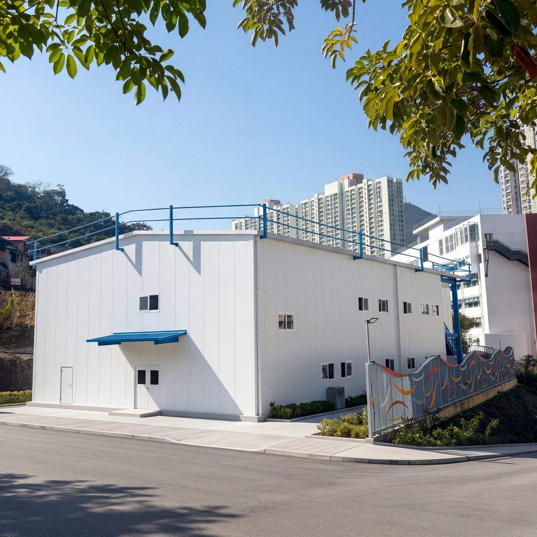 Completed exterior of a Hong Kong Chai Wan steel structure office and site support building