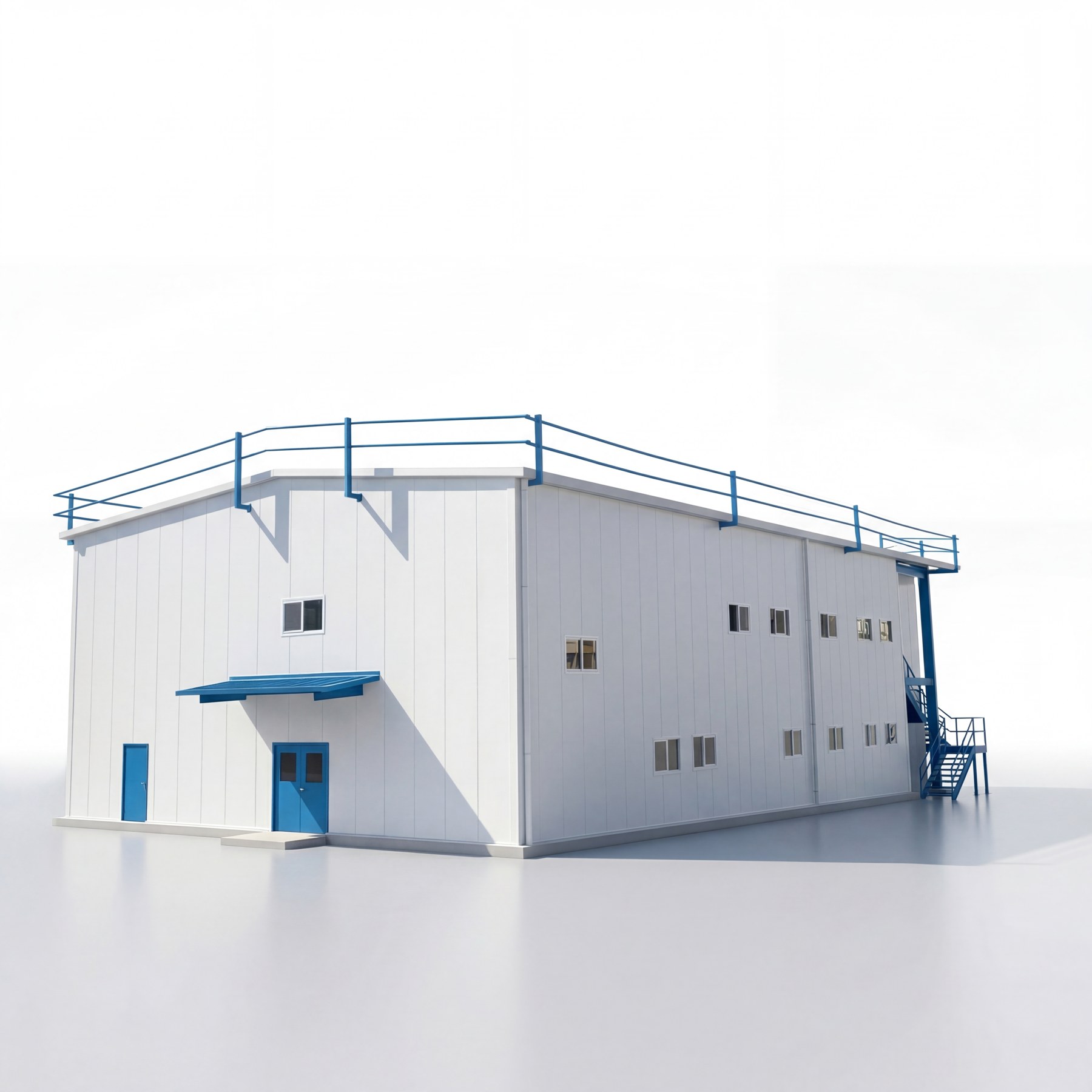 Design model entry view with staircase and blue exterior details for the Hong Kong Chai Wan steel building