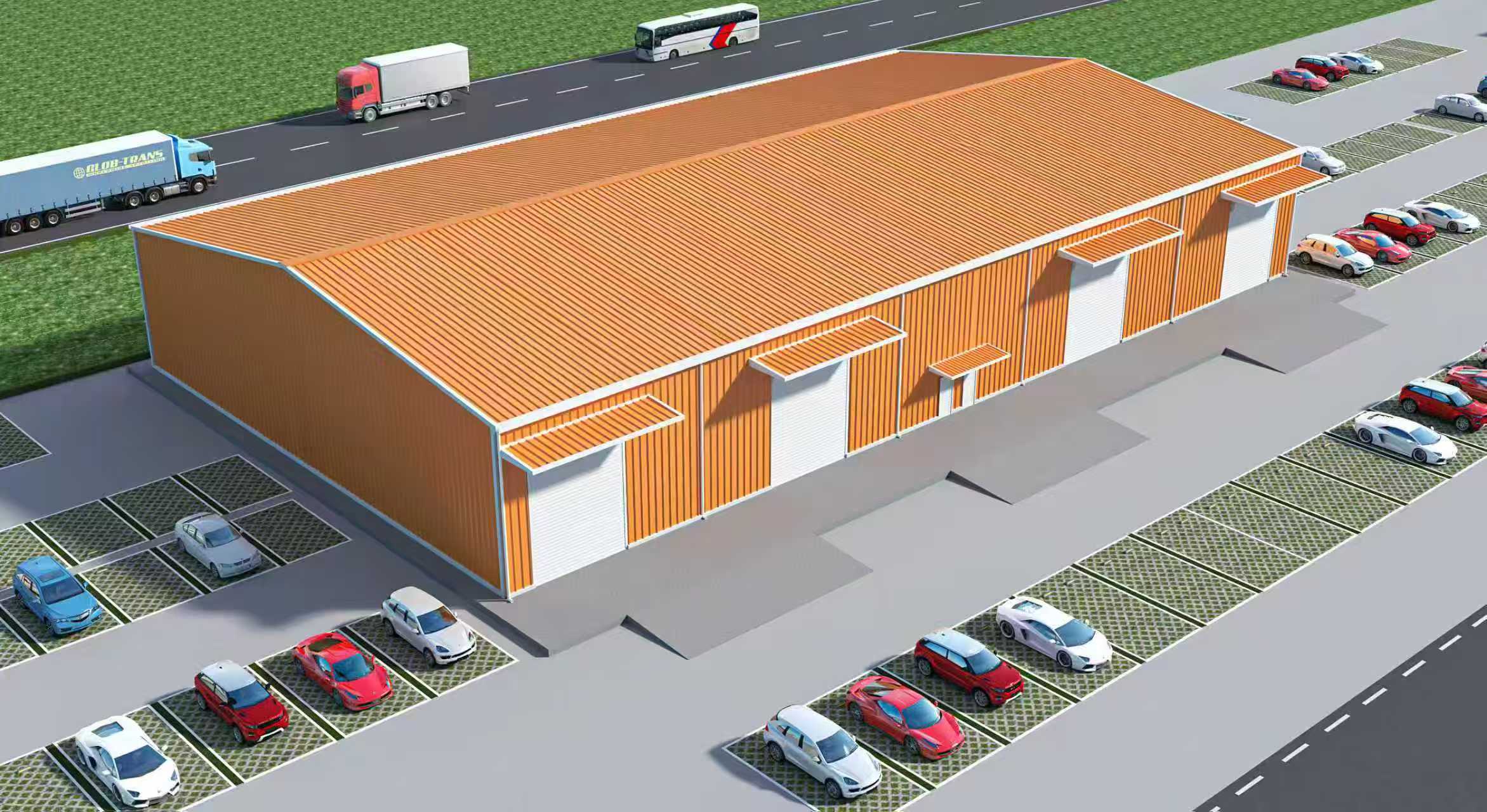 Industrial steel building rendering with orange metal roof and wall panels