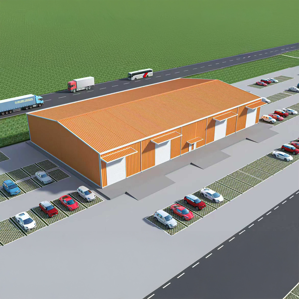 Steel workshop rendering with orange roof and orange wall cladding