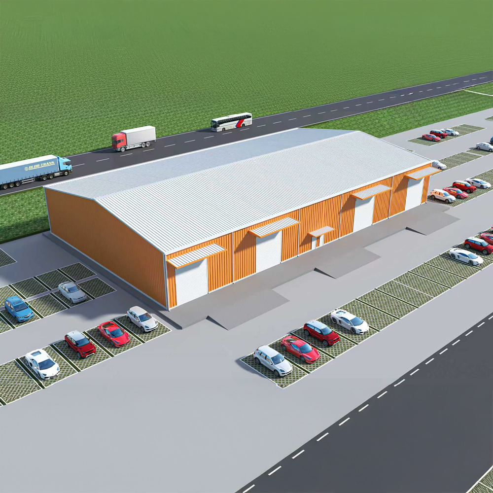 Steel warehouse rendering with orange wall cladding and a white metal roof