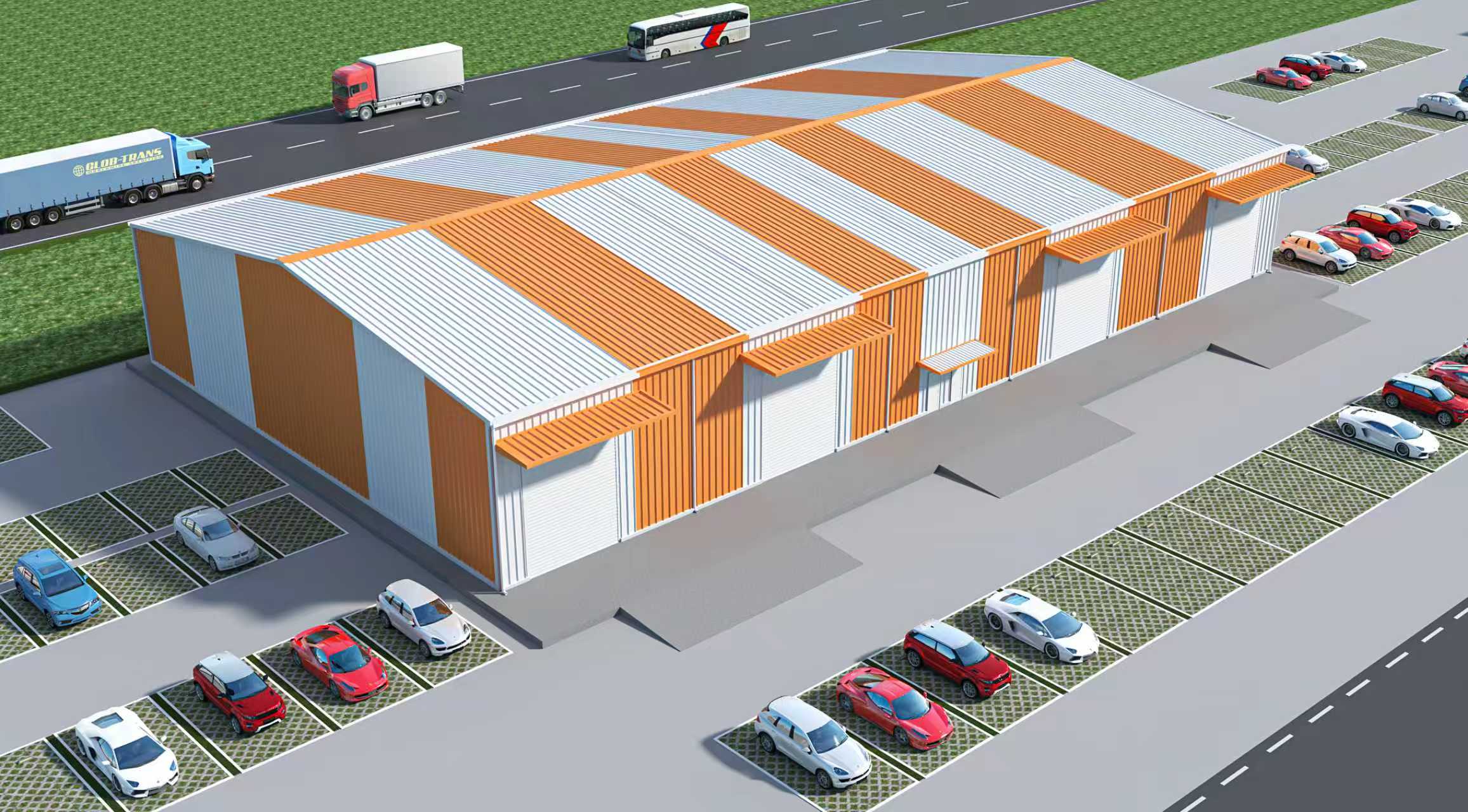 Orange and white color-coated cladding option for a steel structure building