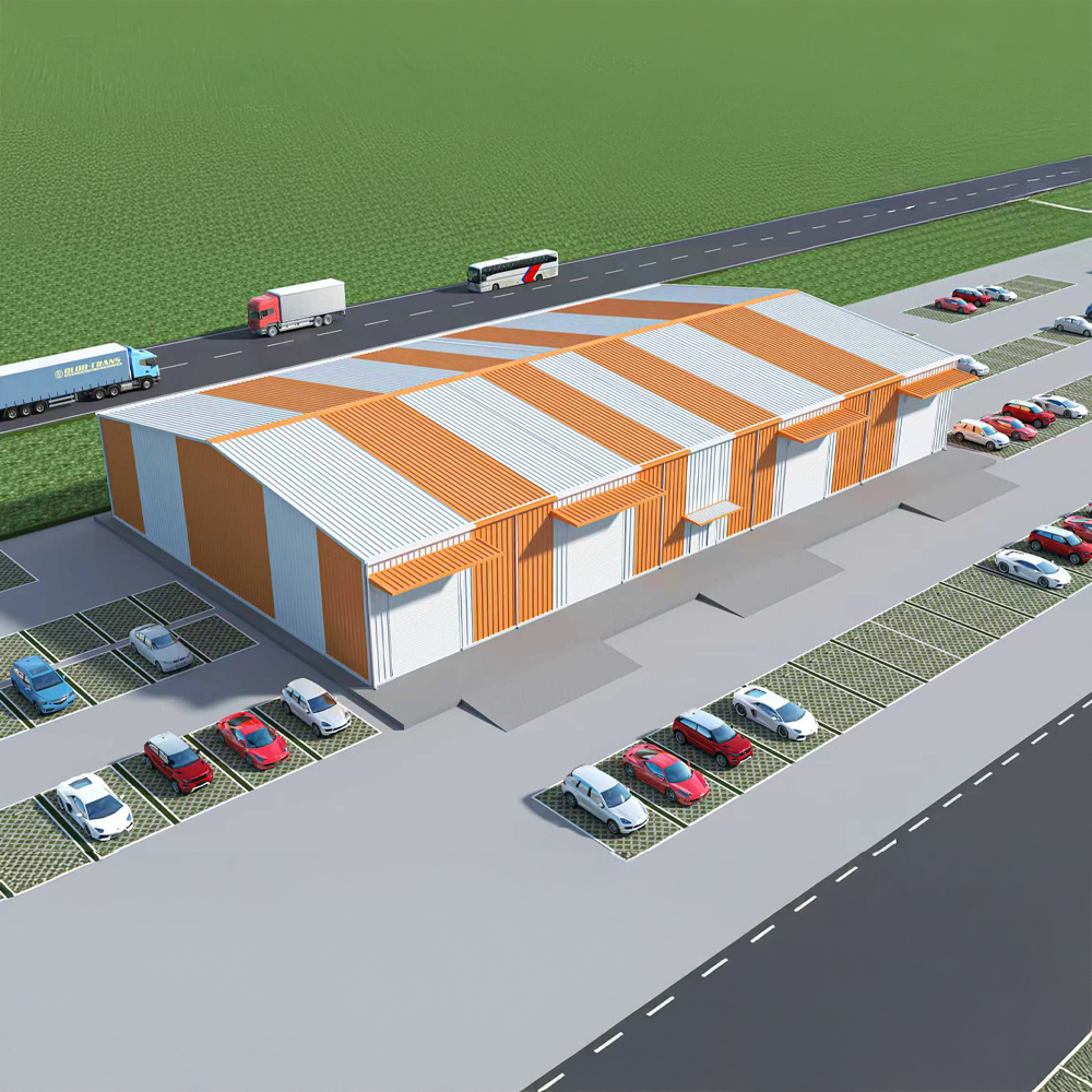 Orange and white steel warehouse roof design concept for an industrial building