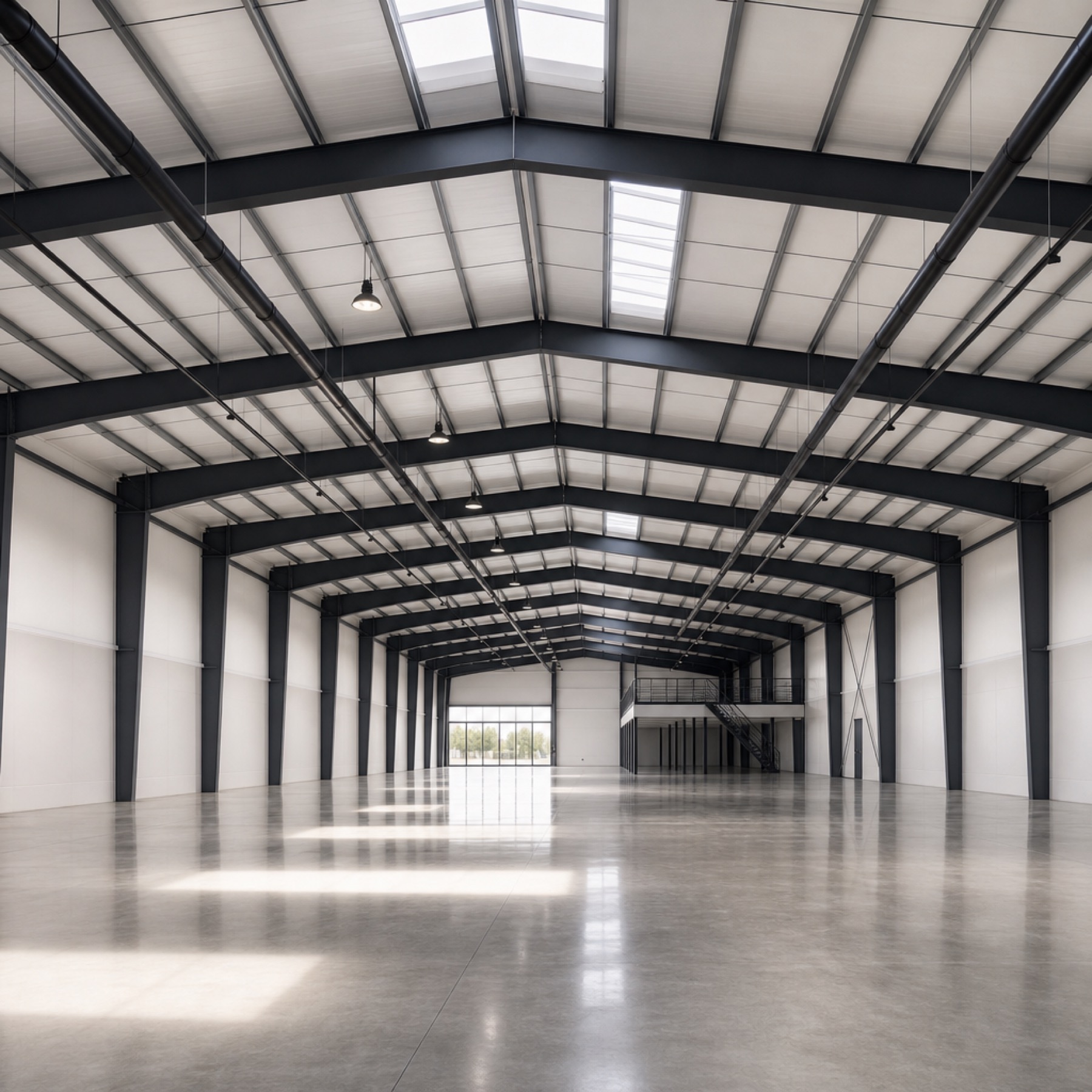 Clear-span H-section steel structure building interior with polished floor