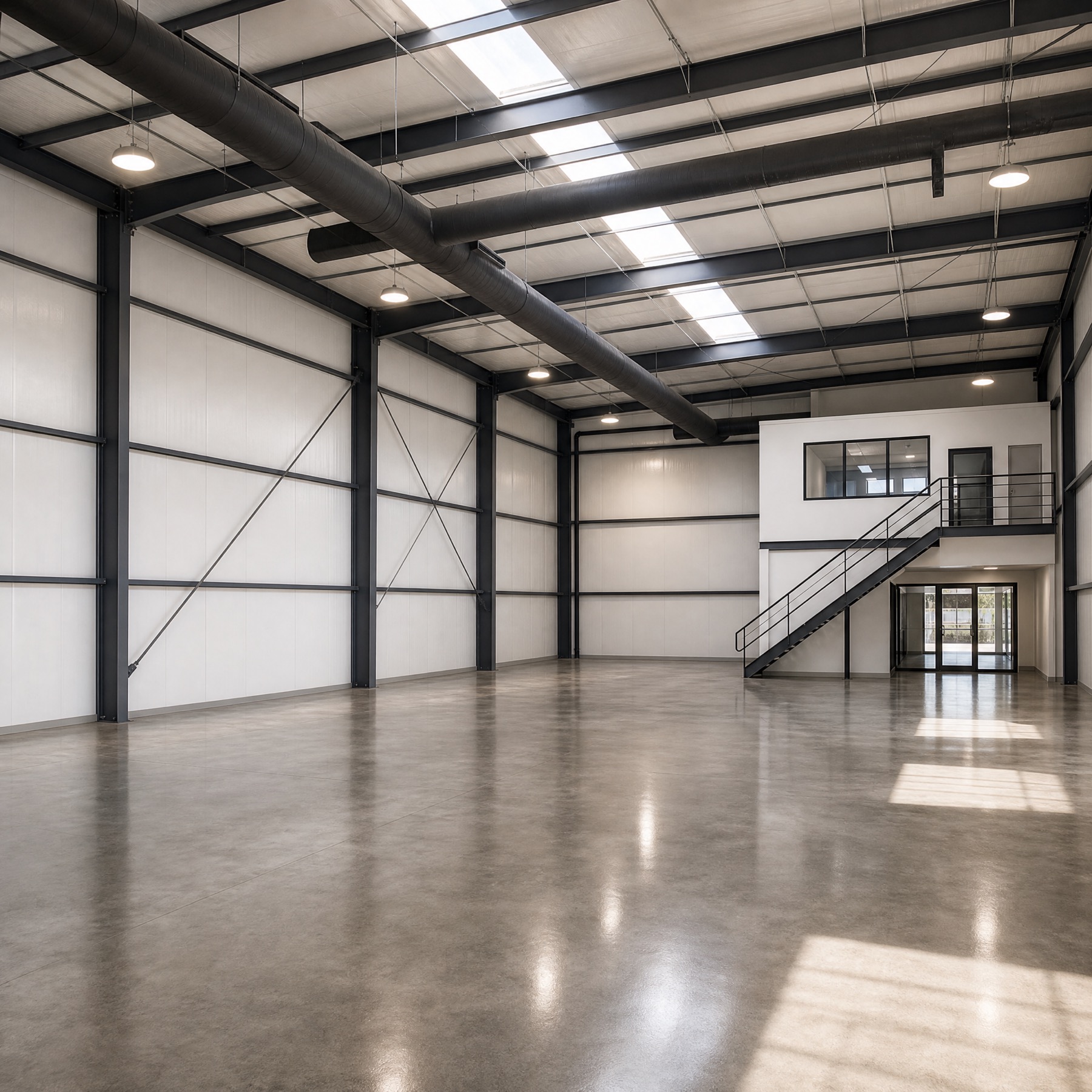 Steel structure building interior with mezzanine office and stair access