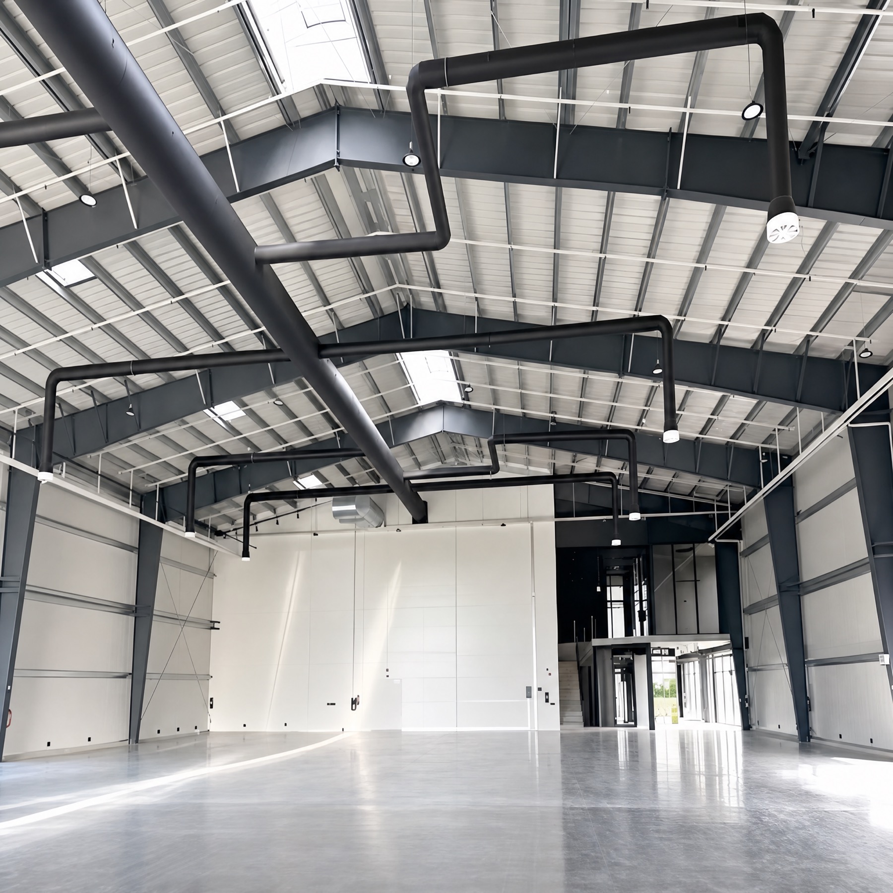 Roof framing, H-section beams, skylights, and ductwork in a steel structure building