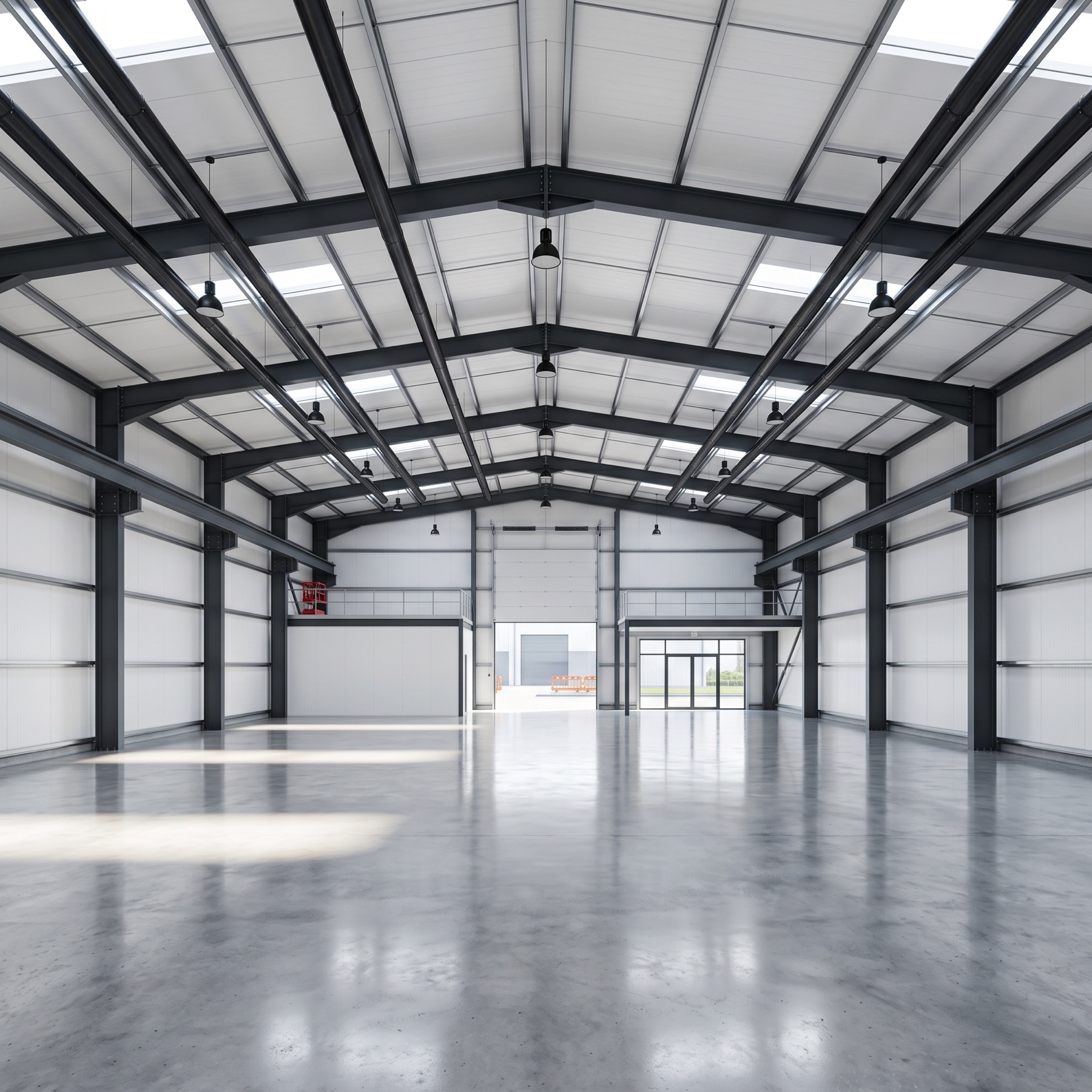 H-section steel structure building interior with clear-span floor and roof skylights