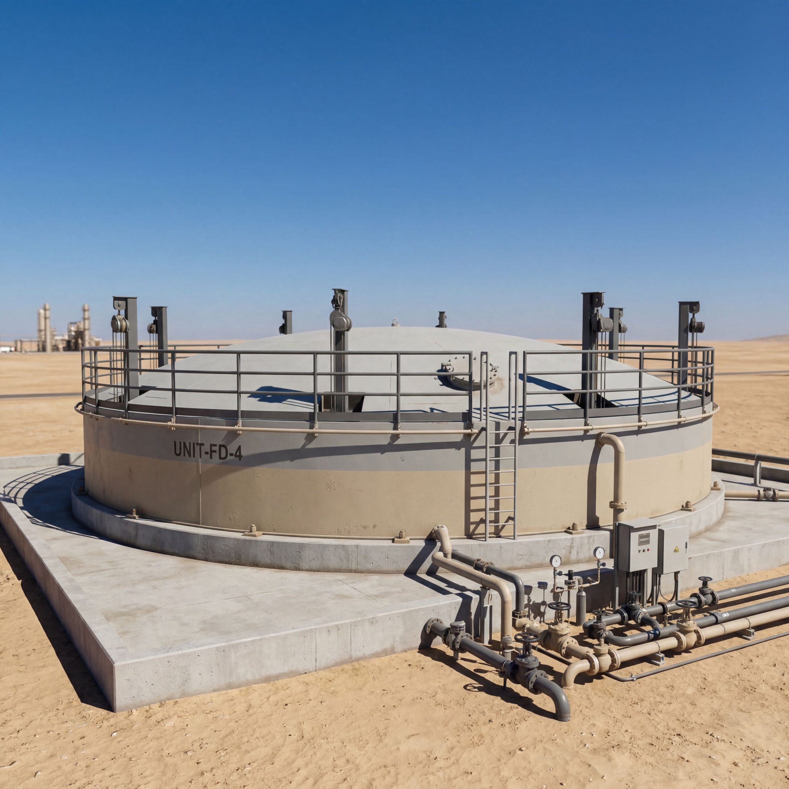 Front view of industrial steel storage tank