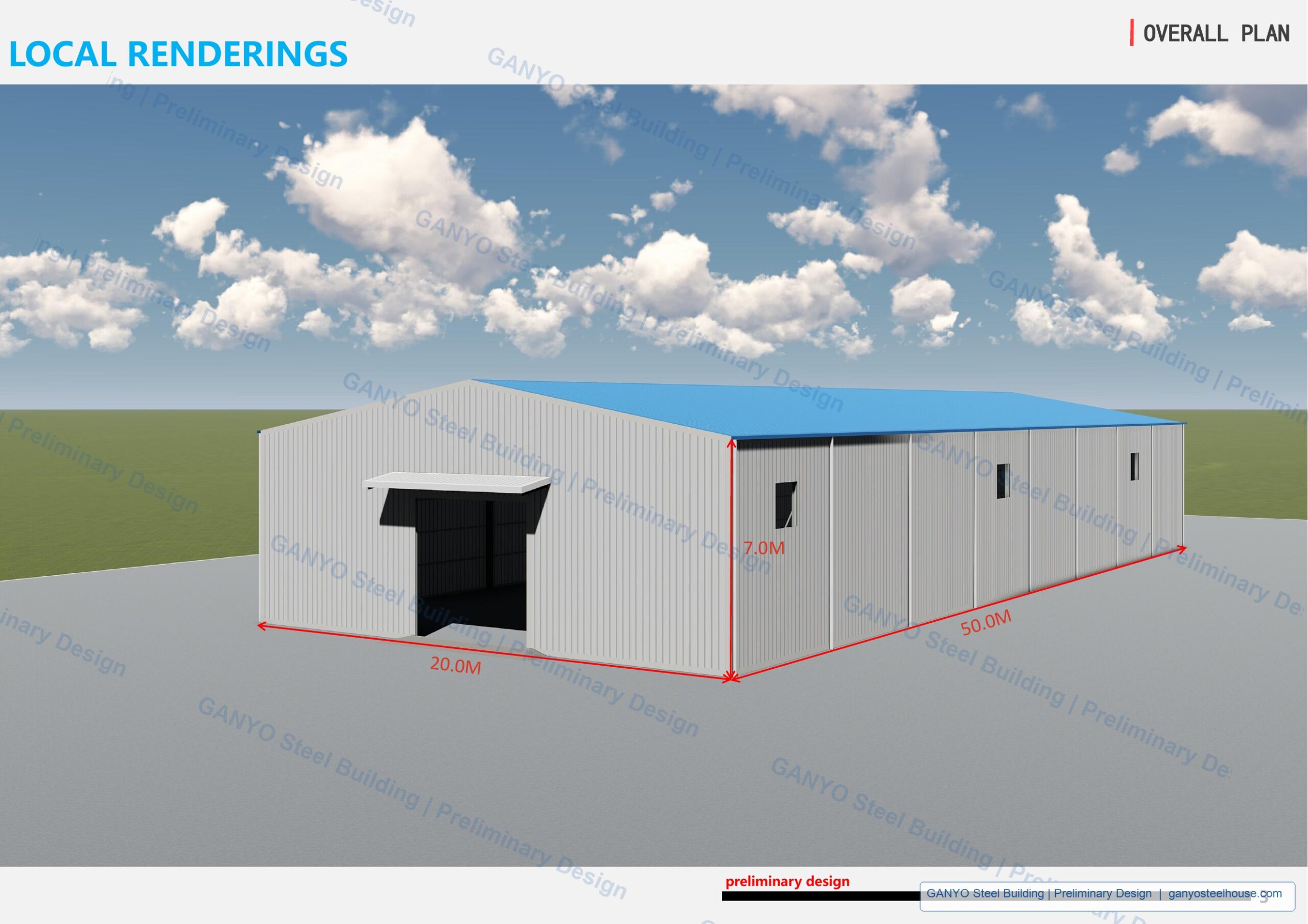 Perspective rendering of preliminary 20 by 50 meter steel warehouse design