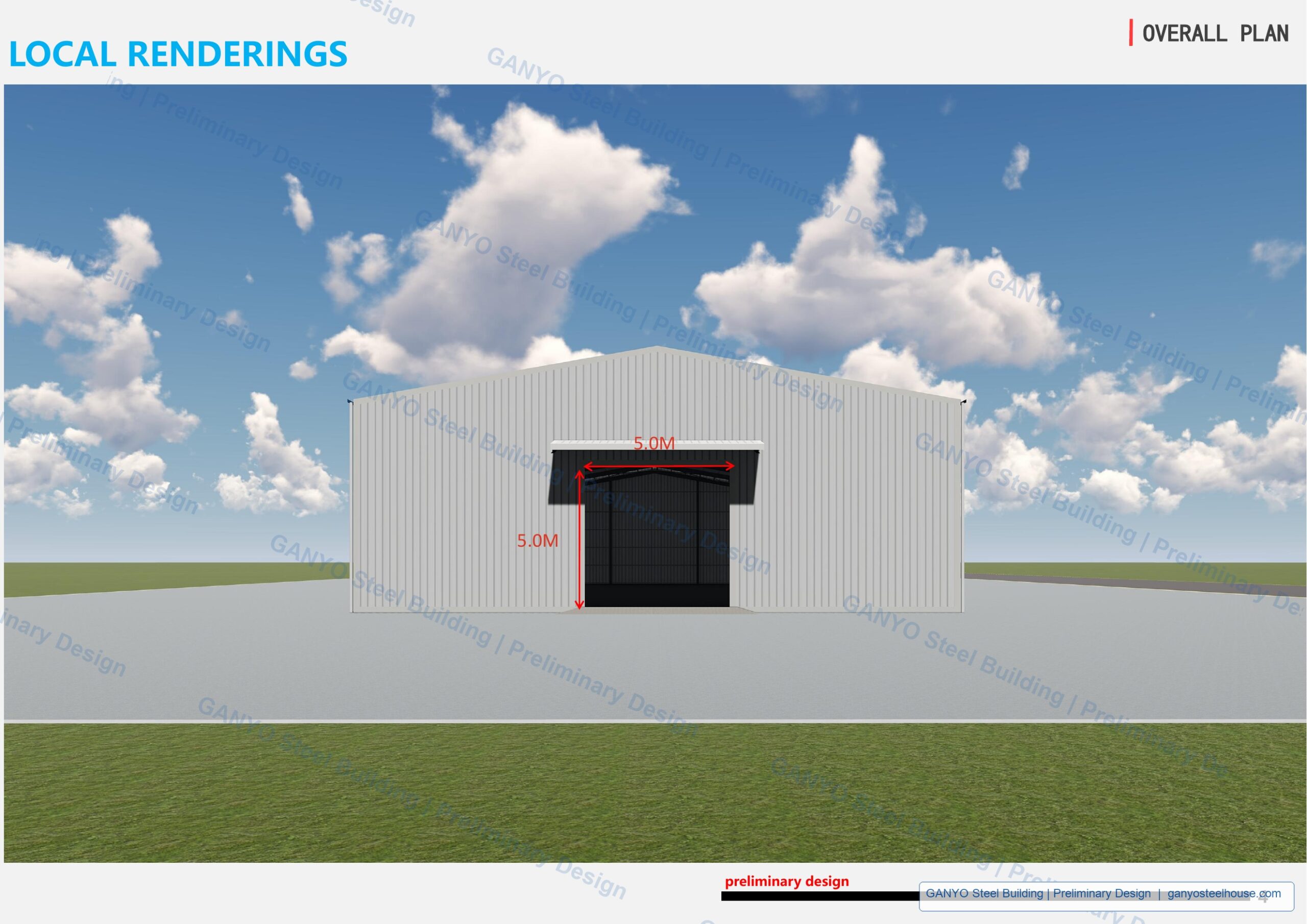 Front rendering of preliminary steel warehouse design with 5 meter opening