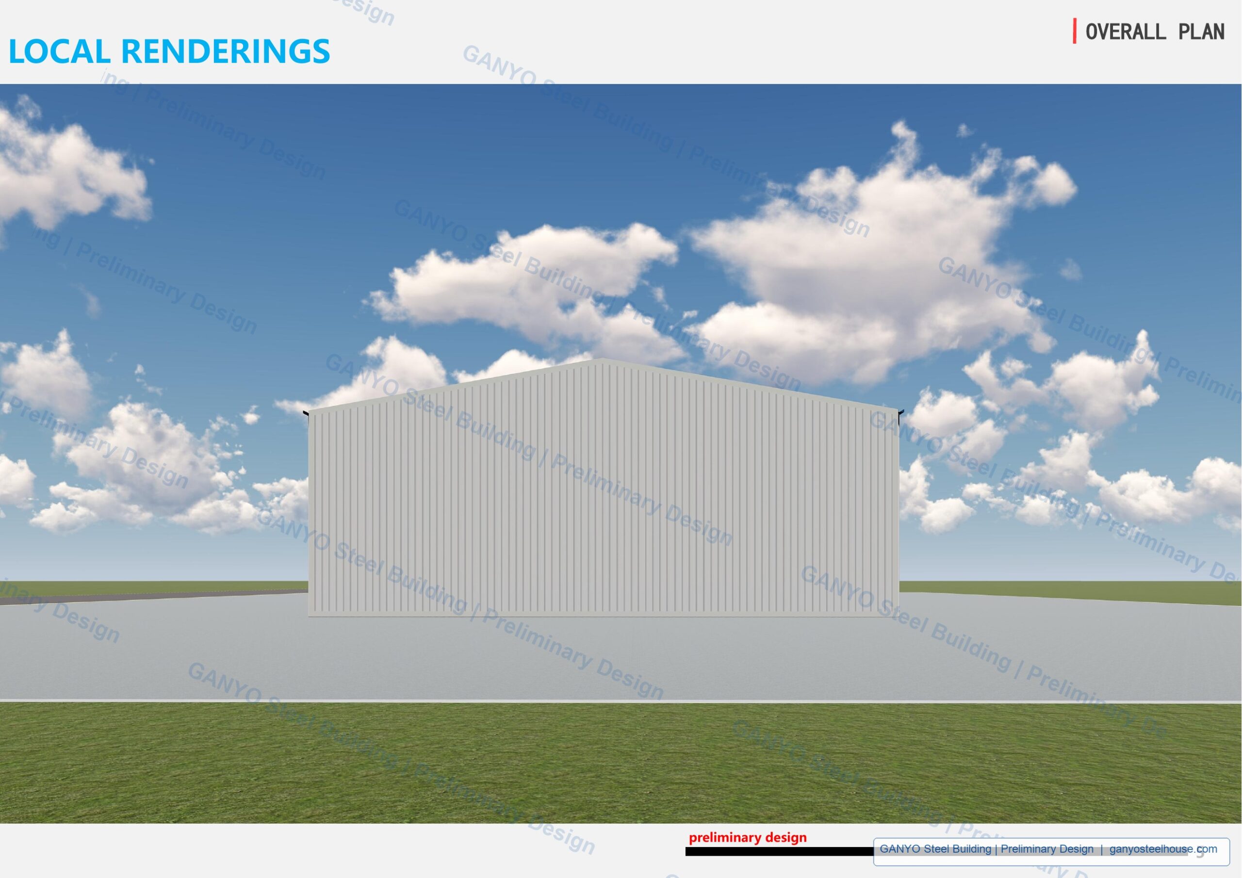 Exterior rendering of preliminary steel structure warehouse design