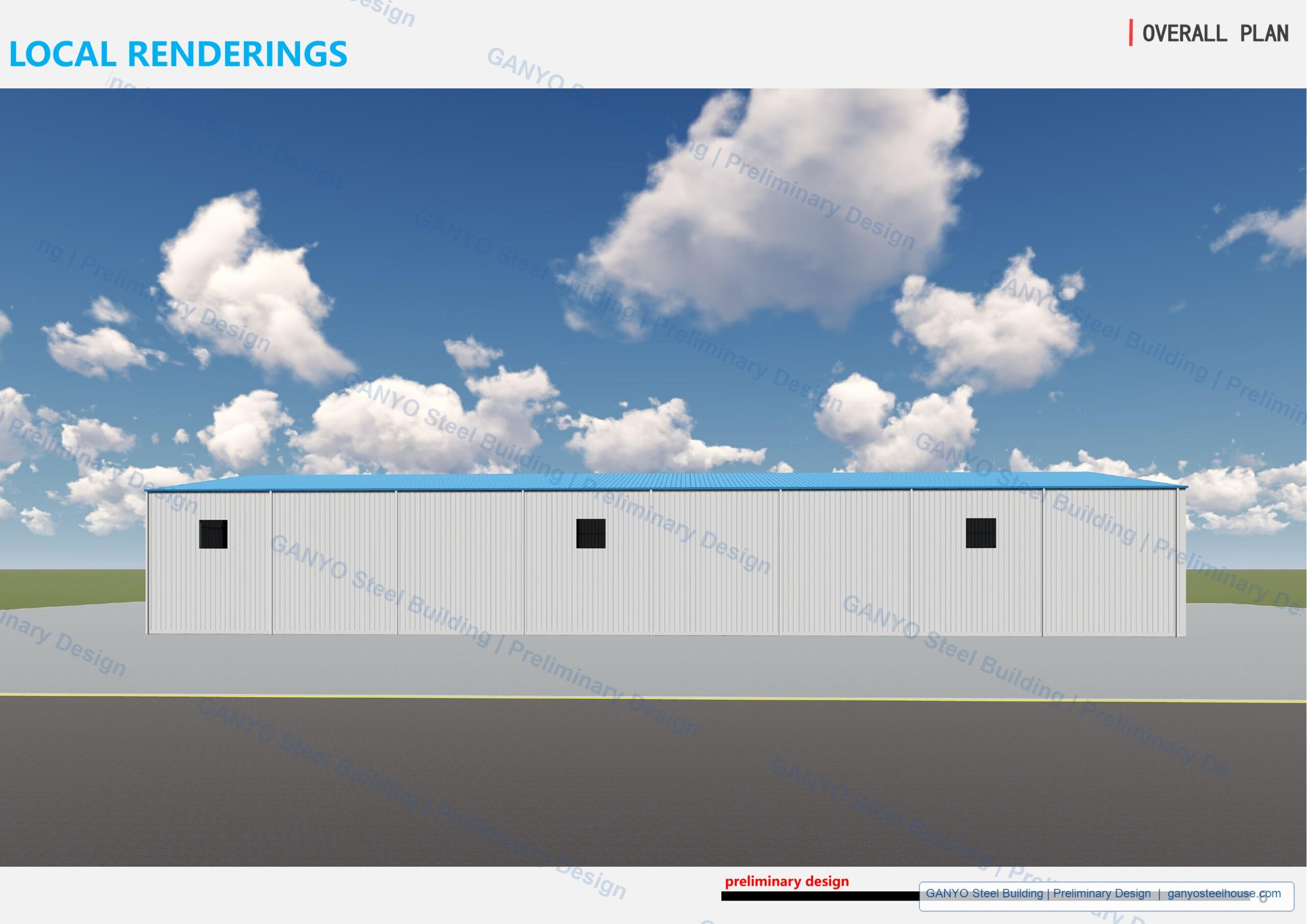 Long side rendering of preliminary steel structure warehouse design