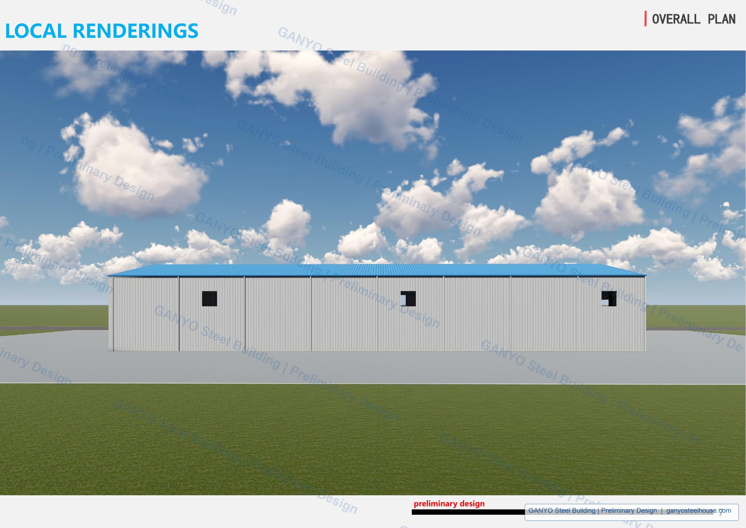 Side rendering of preliminary 20 by 50 meter steel warehouse concept
