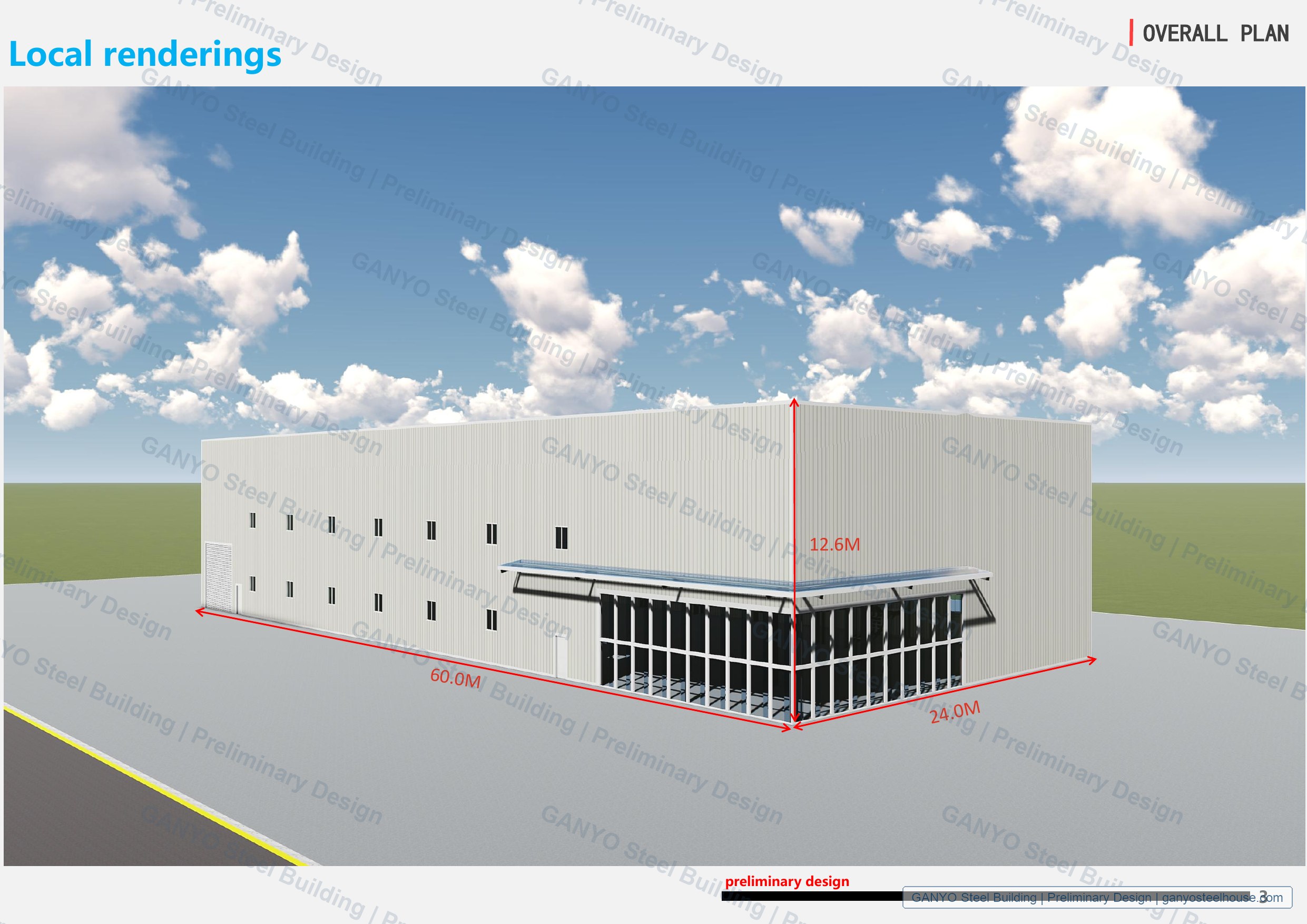 Perspective rendering of preliminary 24 by 60 meter steel warehouse design