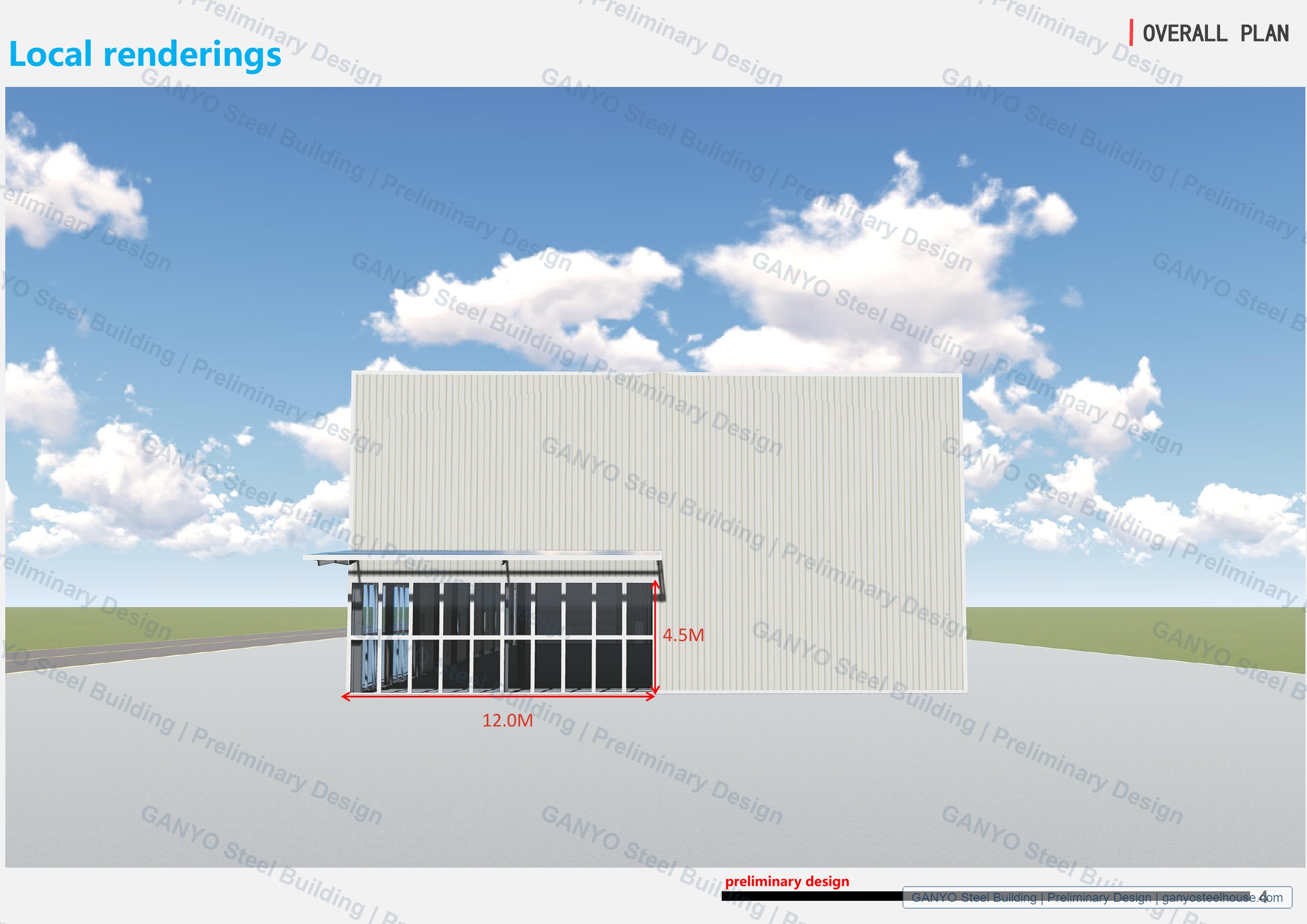 Front rendering of preliminary steel warehouse design with 12 by 4.5 meter entrance area