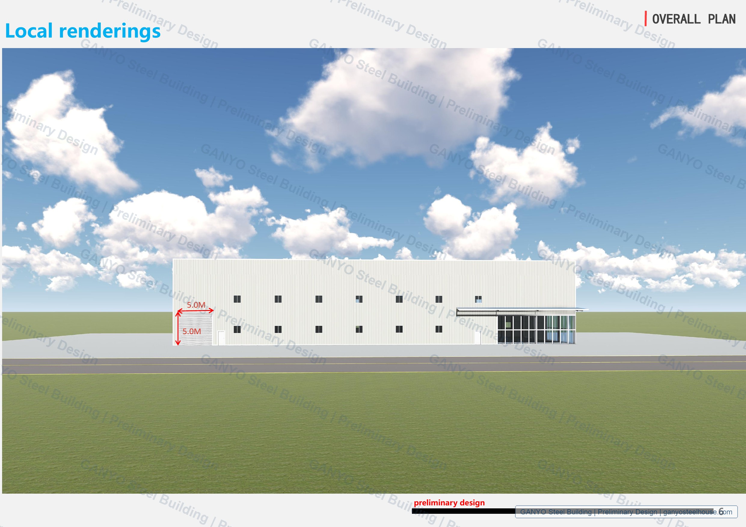 Long side rendering of preliminary steel structure warehouse design with 5 by 5 meter opening