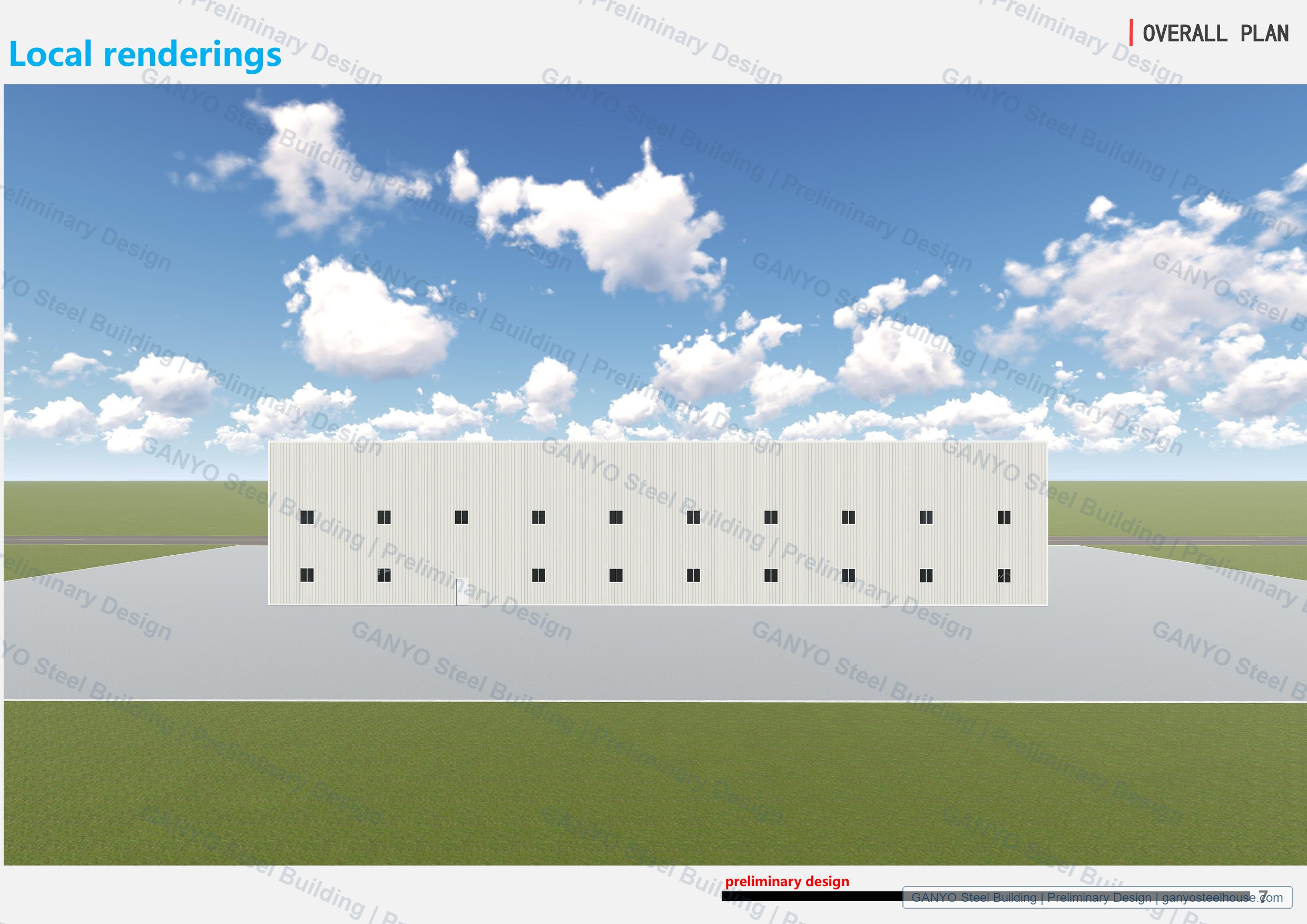 Side rendering of preliminary 24 by 60 meter steel warehouse concept