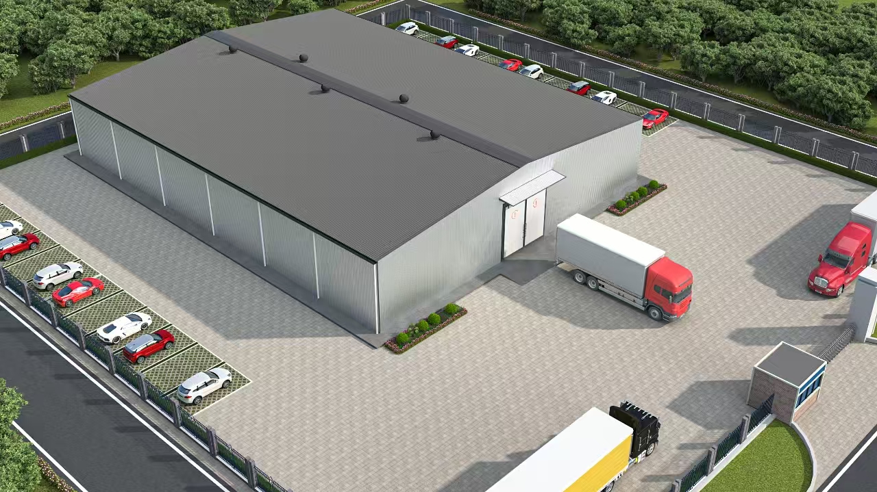 Light grey cold storage steel building design concept with trucks shown in the paved yard parking and service apron