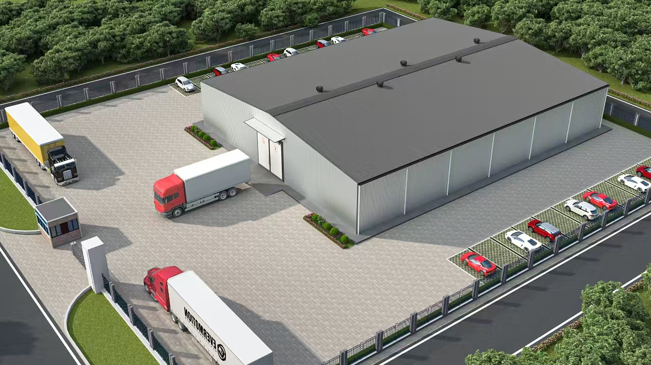 Aerial cold storage steel building design render with light exterior vehicle access parking and entrance canopy