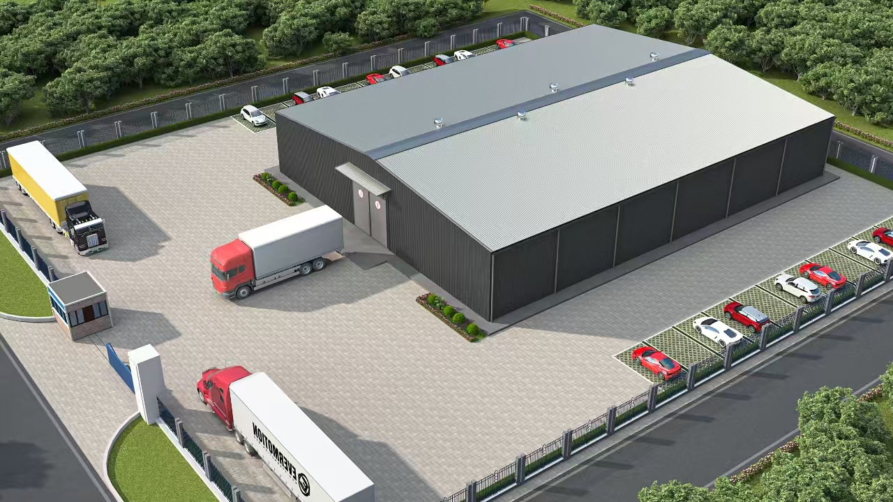 Aerial cold storage steel building design render with dark walls and light roof
