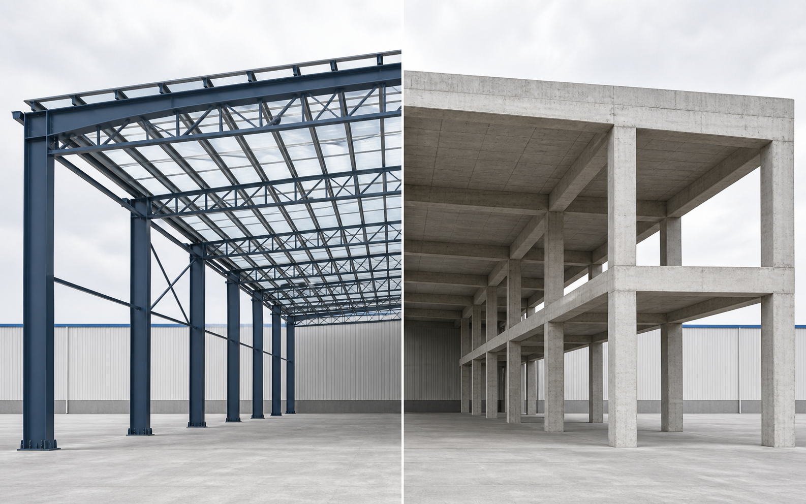 Conceptual illustration comparing steel-frame and reinforced-concrete warehouse structures.