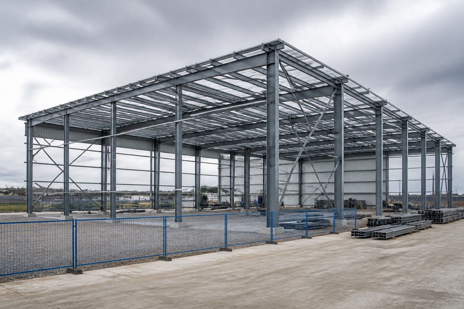 Illustrative steel-frame workshop planning image with orderly materials and site barriers.