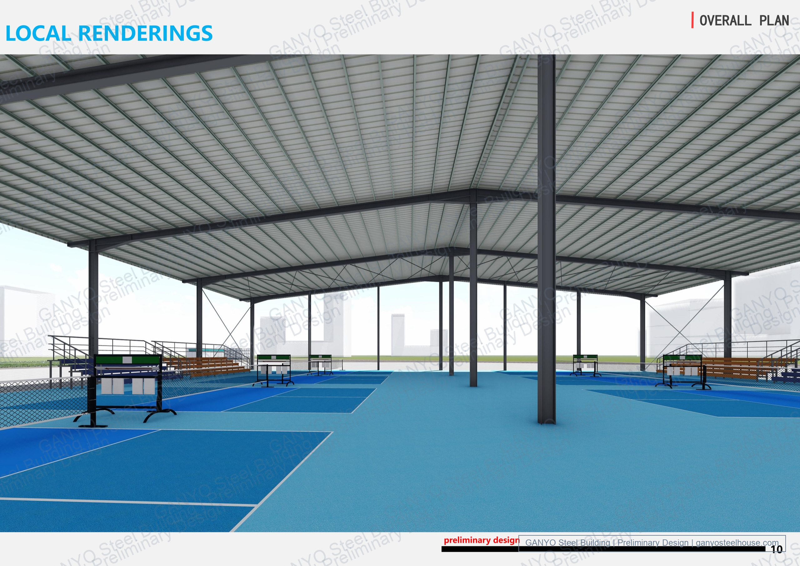 Wide interior concept rendering of multiple sports courts and seating beneath the two roof slopes and central longitudinal column line.