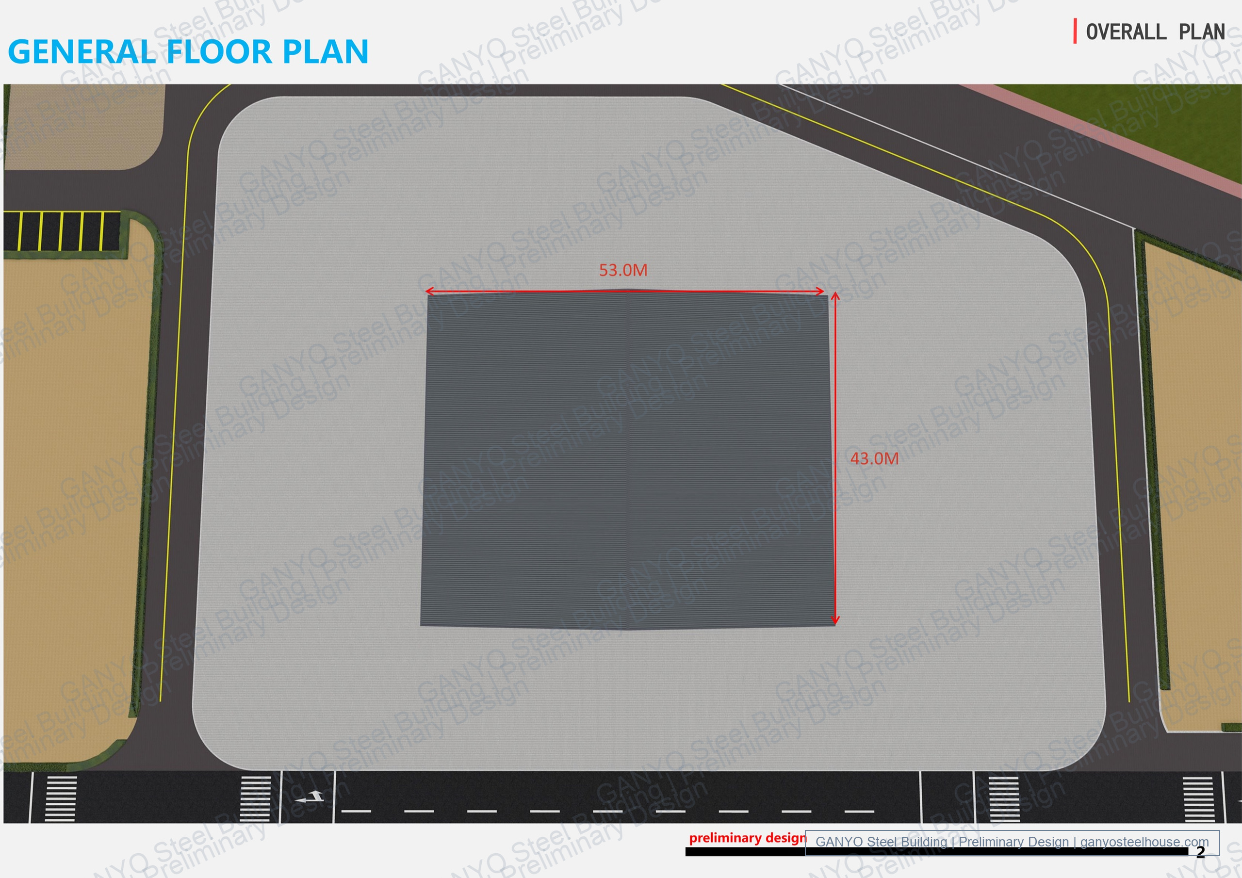 Preliminary general plan of the steel sports canopy showing a rectangular 53 by 43 metre roof projection within the paved site.
