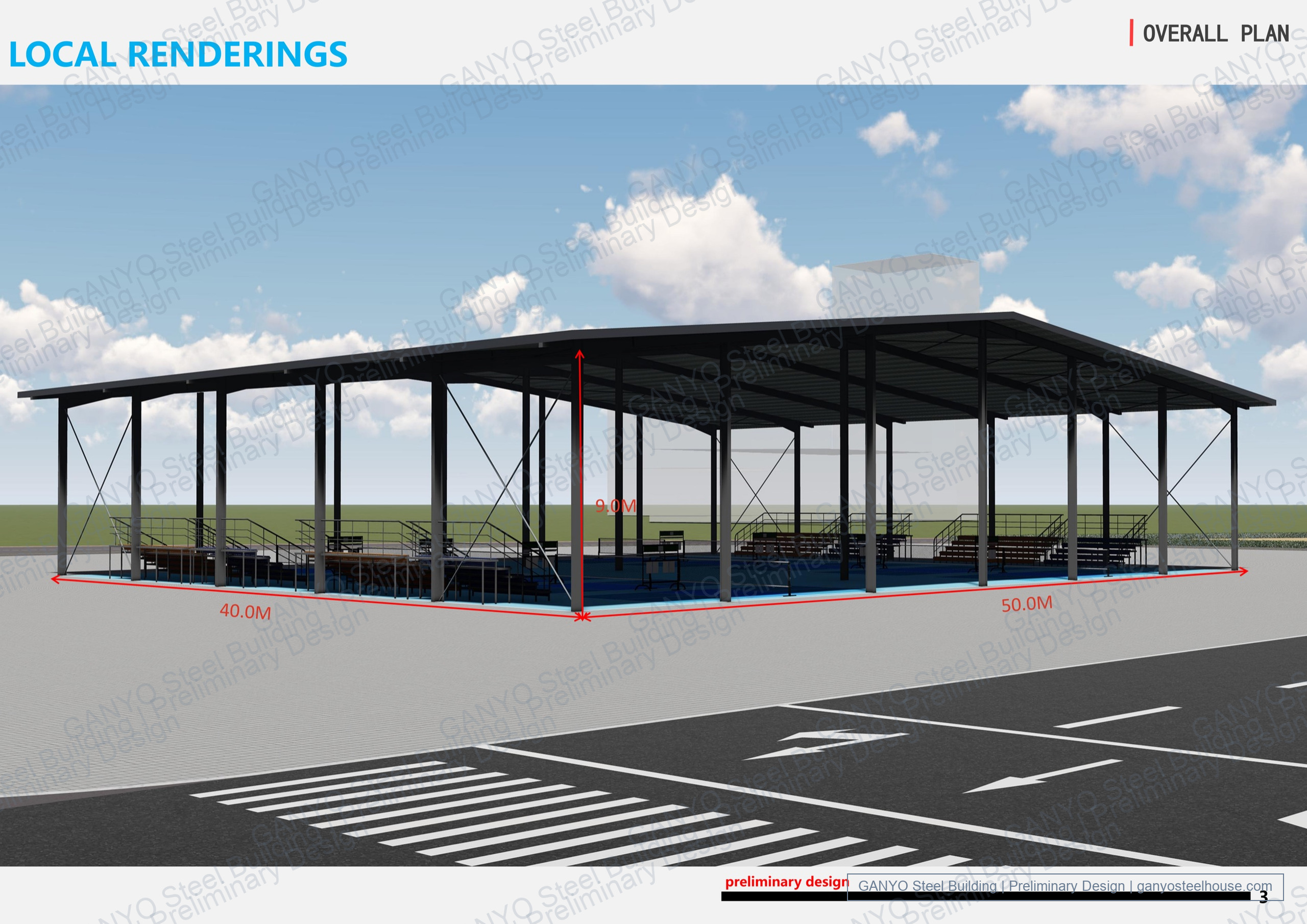 Dimensioned exterior concept rendering of a 50 by 40 by 9 metre open-sided steel sports canopy with seating and court areas.