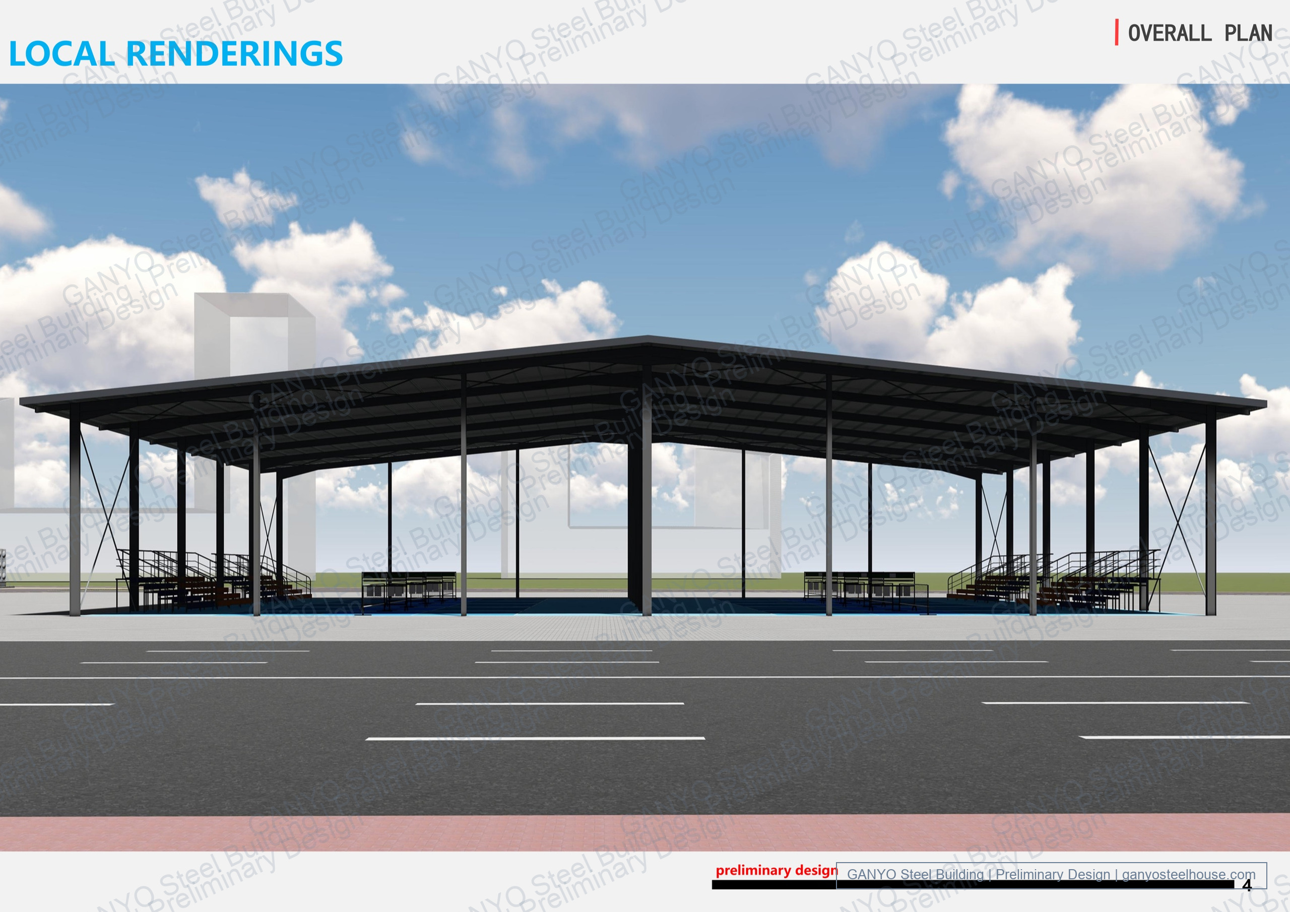 Front exterior concept rendering of an open-sided steel sports canopy with a low-pitch double-slope roof and covered courts.