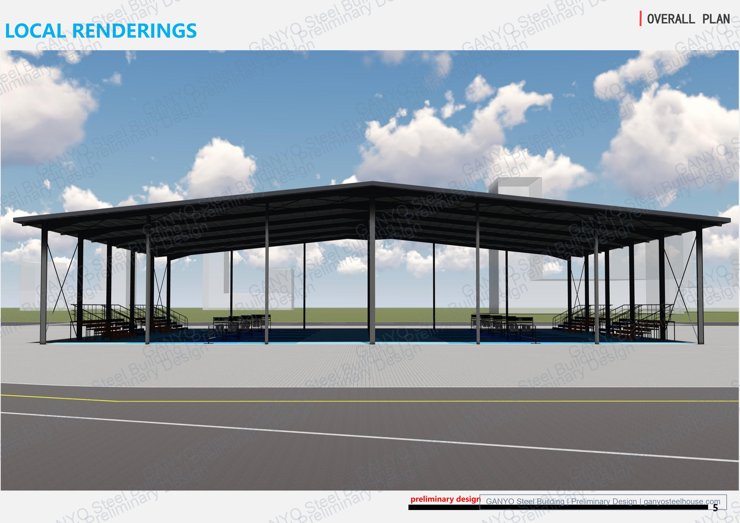 Angled exterior concept rendering of the open-sided steel canopy showing the central roof ridge, open structural bays and spectator seating.