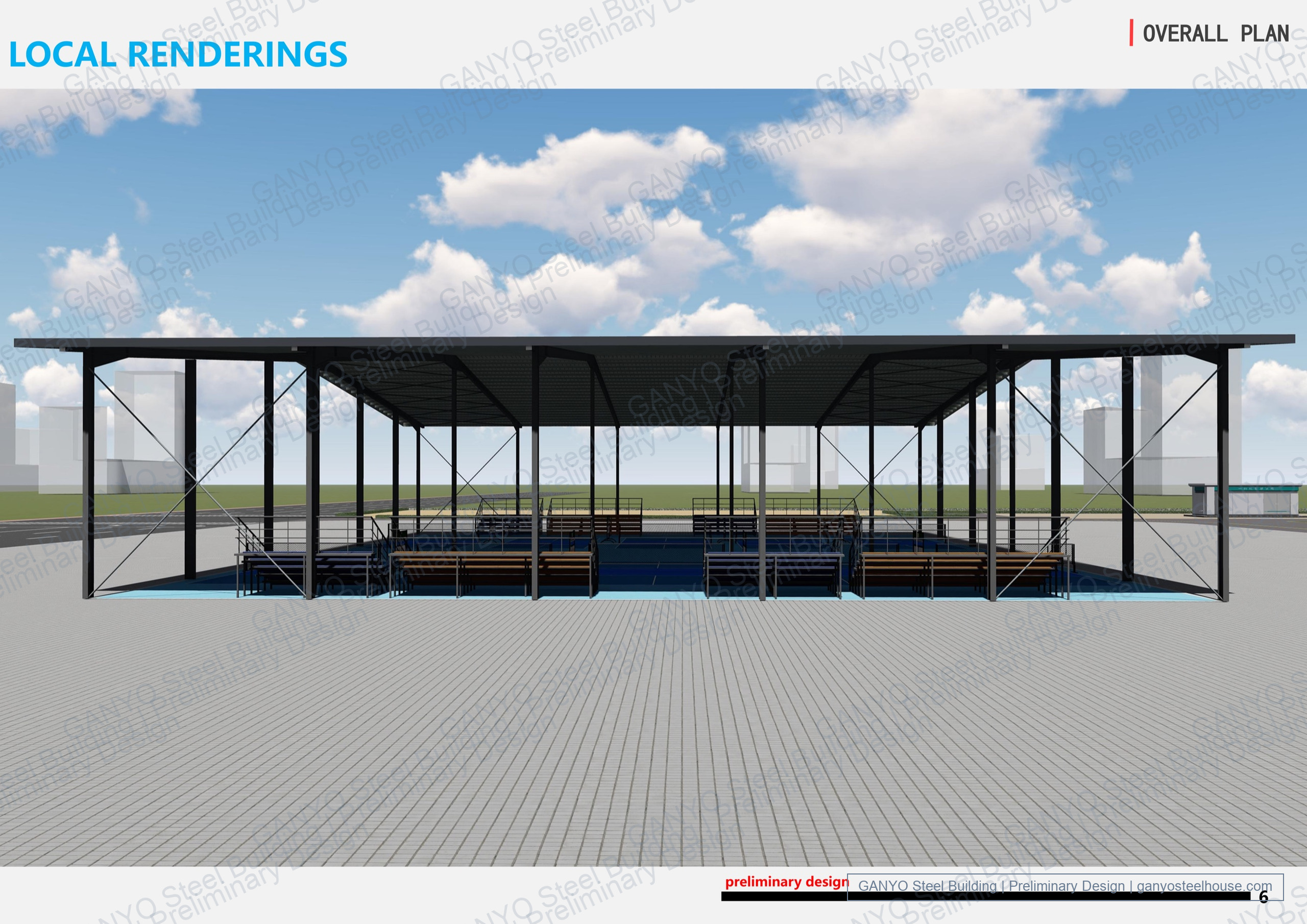 Long-side exterior concept rendering of the steel sports canopy with seating below the roof and X bracing at both end bays.