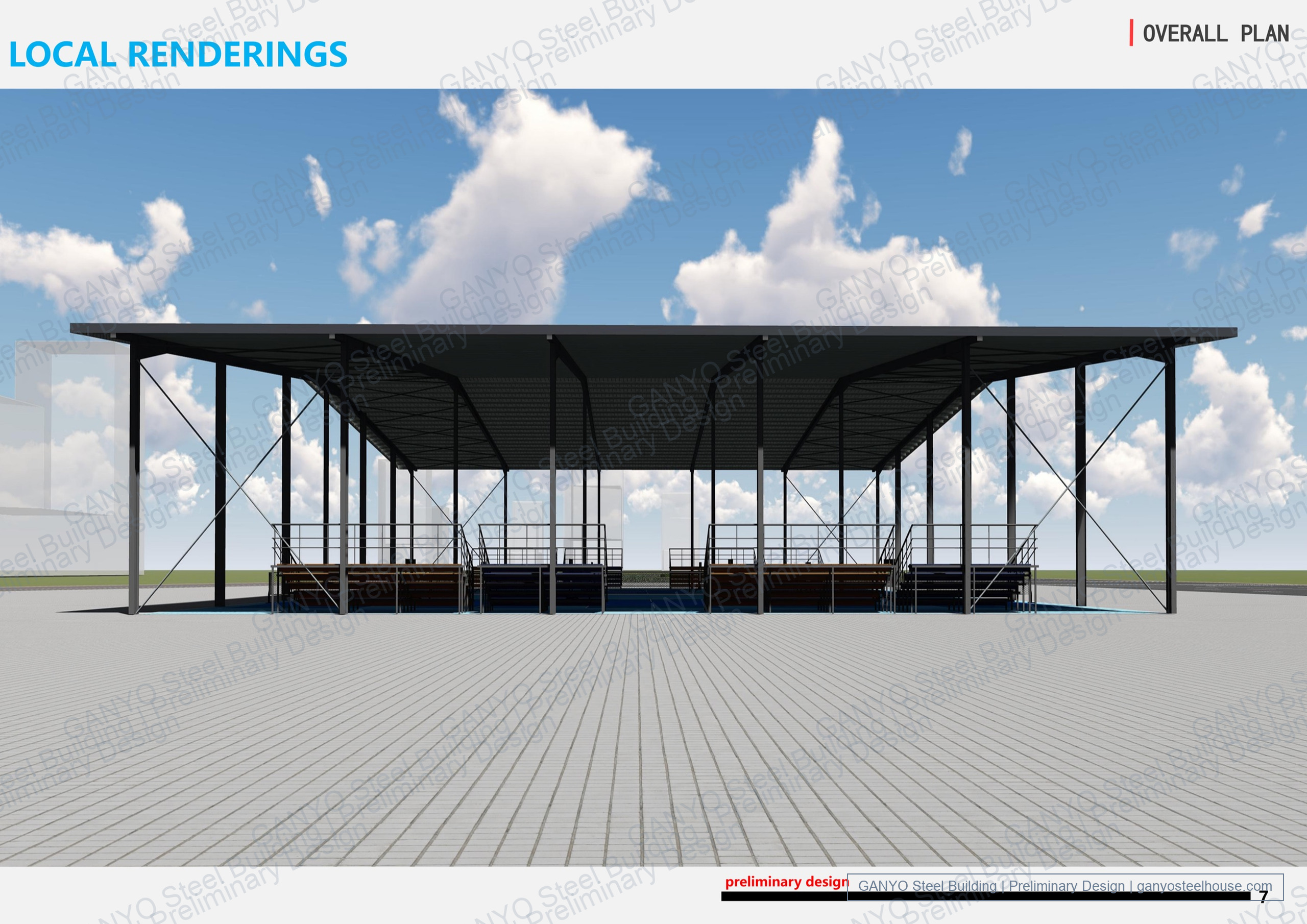 End exterior concept rendering of the open-sided steel canopy with paired seating banks, braced frames and a central roof support line.