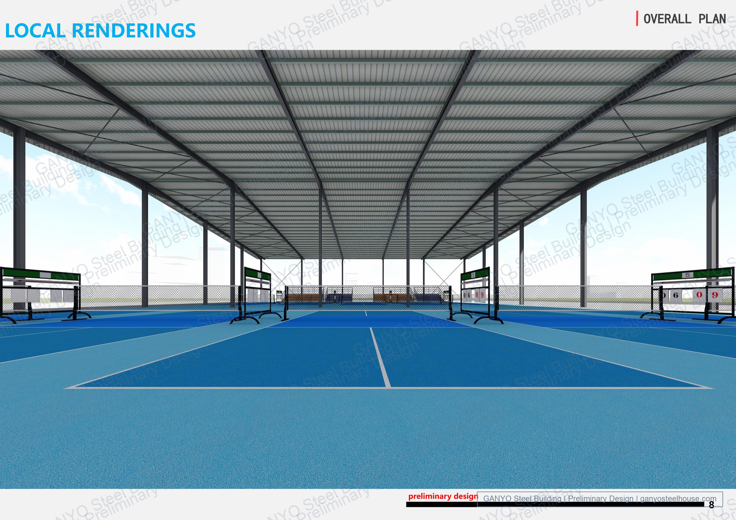 Interior concept rendering looking along multiple blue sports courts beneath roof purlins, bracing and the central column line.