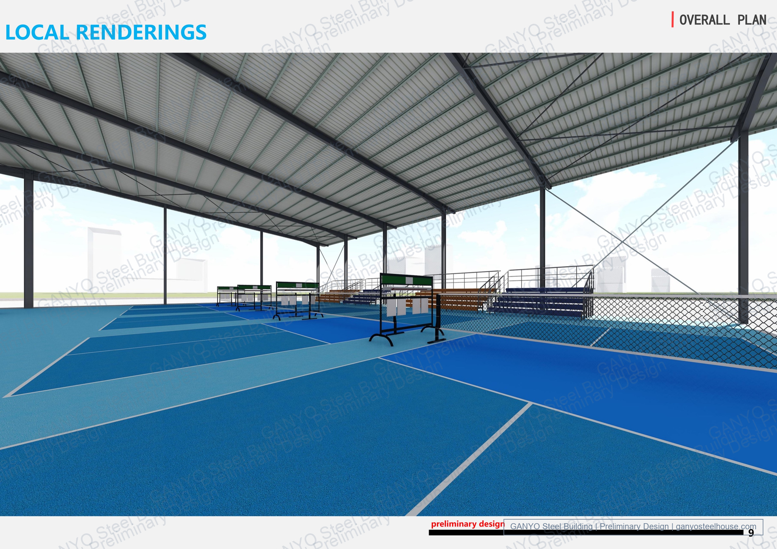 Oblique interior concept rendering of blue sports courts with net equipment, spectator seating, roof purlins and X bracing.