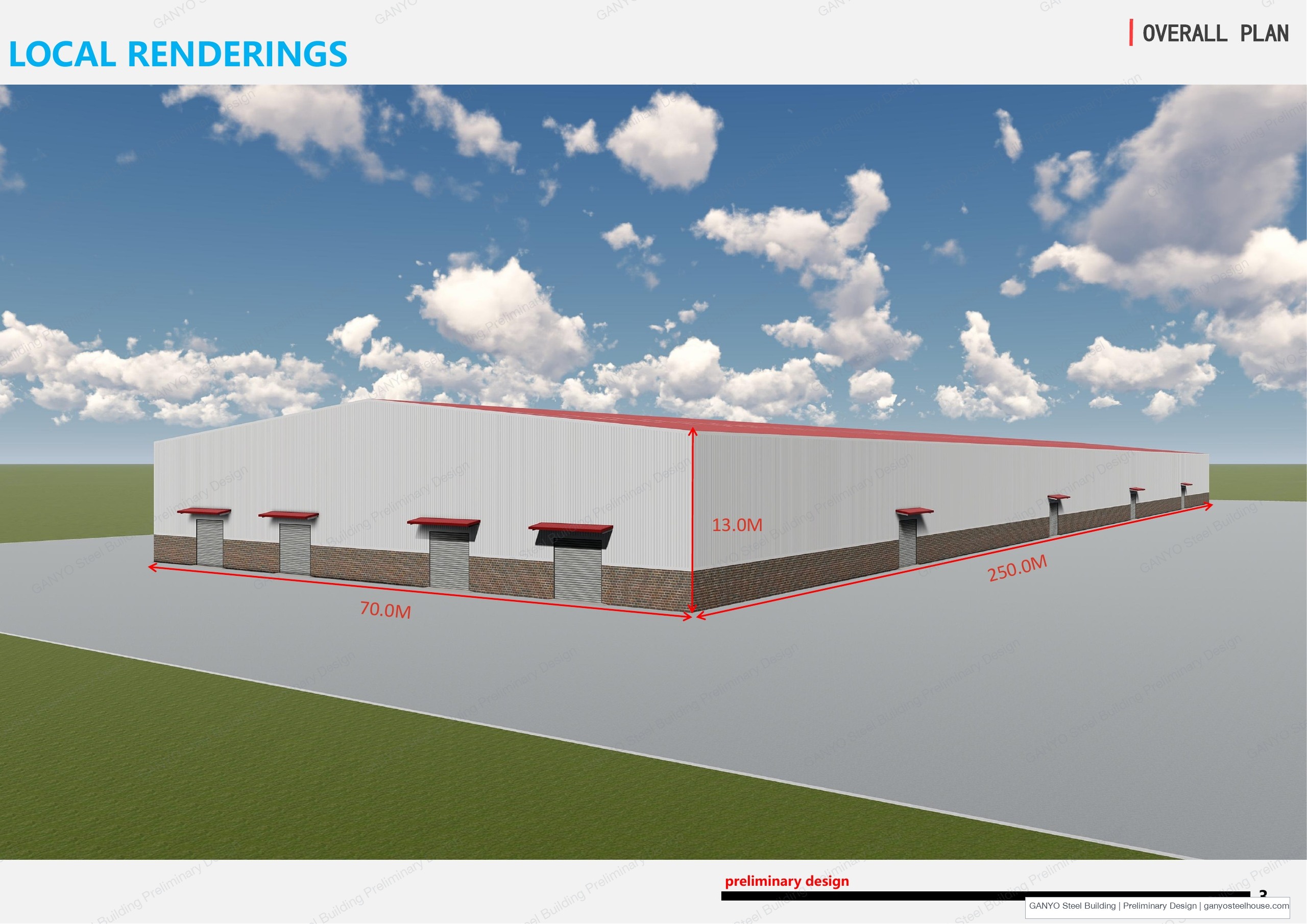 Three-quarter exterior concept rendering of a 70 by 250 meter steel building with a gabled roof and loading doors