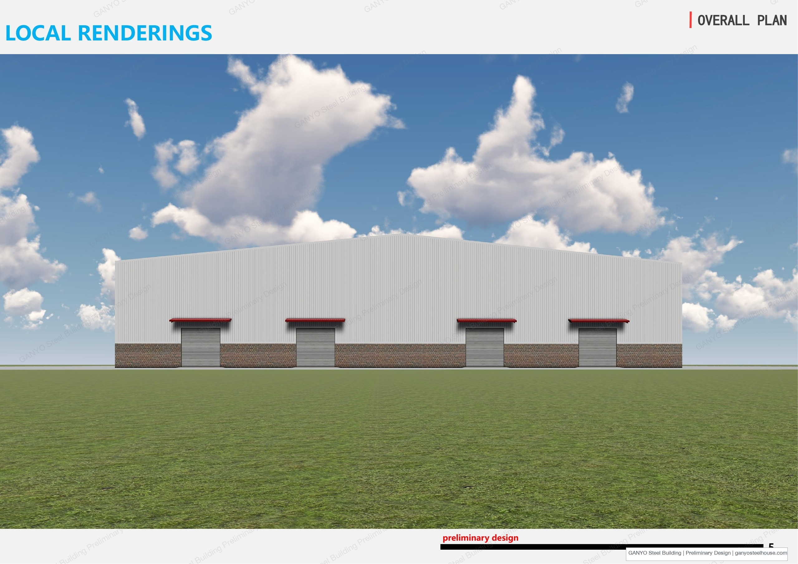Front elevation concept rendering of the gable-roofed steel building with roll-up doors and canopies