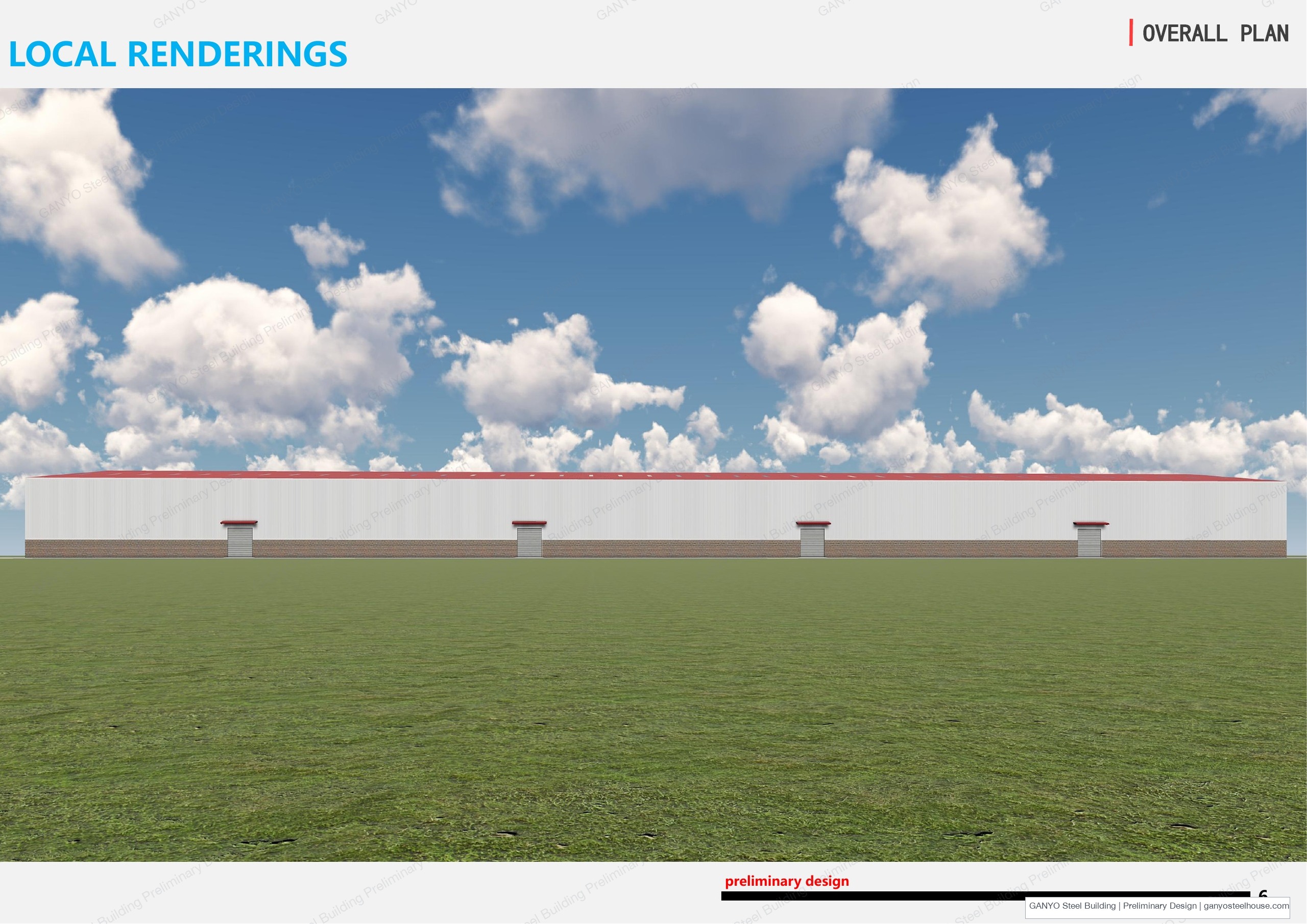 Long-side elevation concept rendering of the building with evenly spaced loading doors