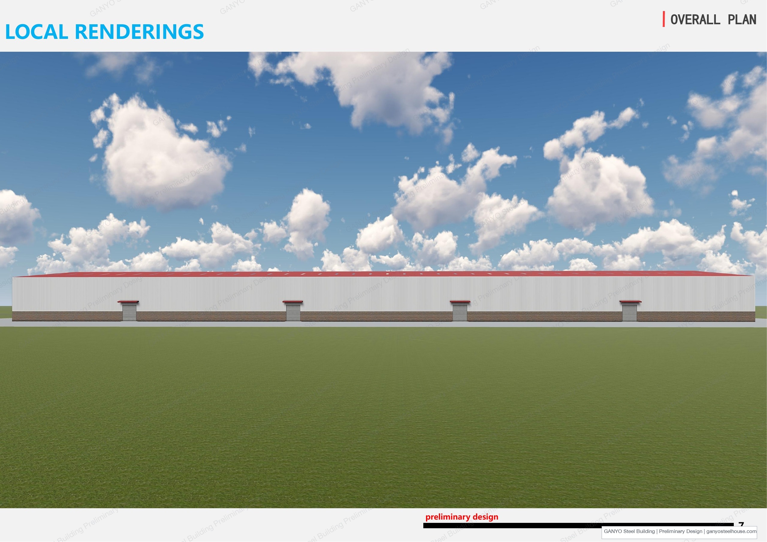 Eye-level concept rendering of the long facade with loading doors and canopies