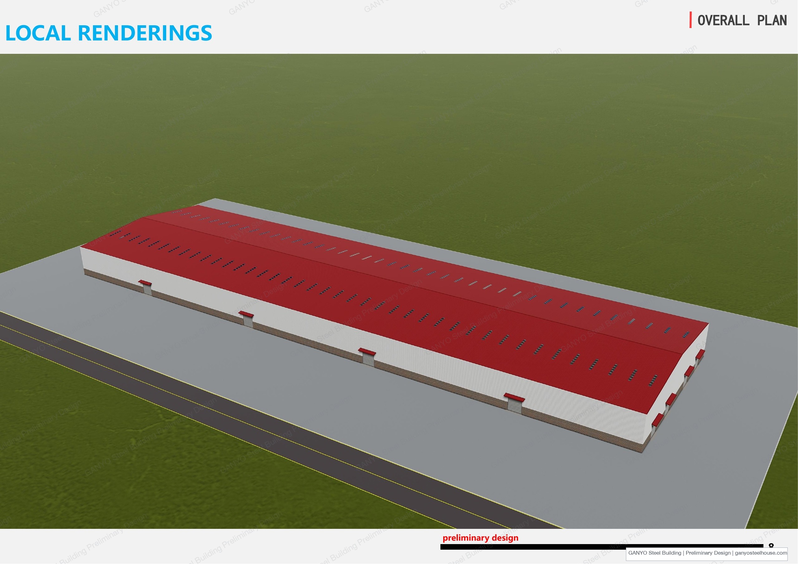 Aerial concept rendering showing the red gabled roof and ridge vents